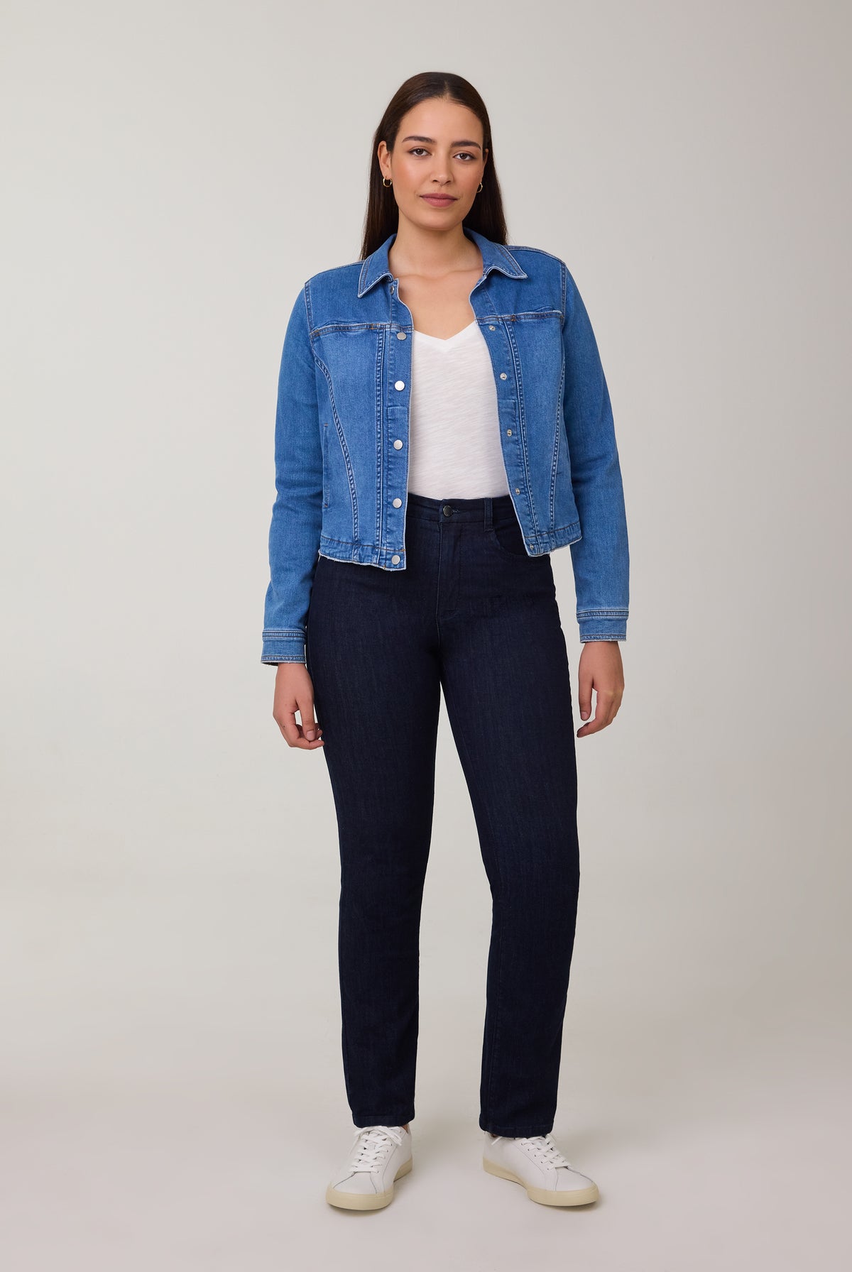 Model in dark Delight straight leg jeans and jacket by French Dressing Jeans (FDJ)