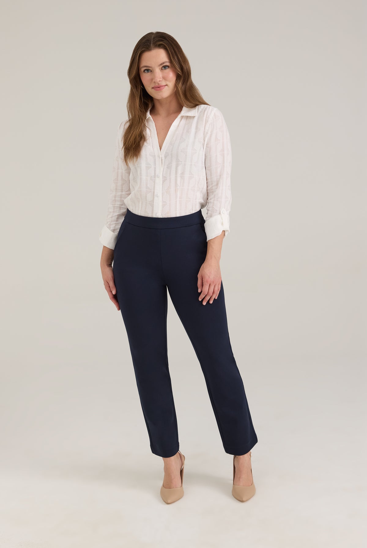 Full outfit with navy Ponte pull-on pants highlighting polished look by French Dressing Jeans (FDJ)