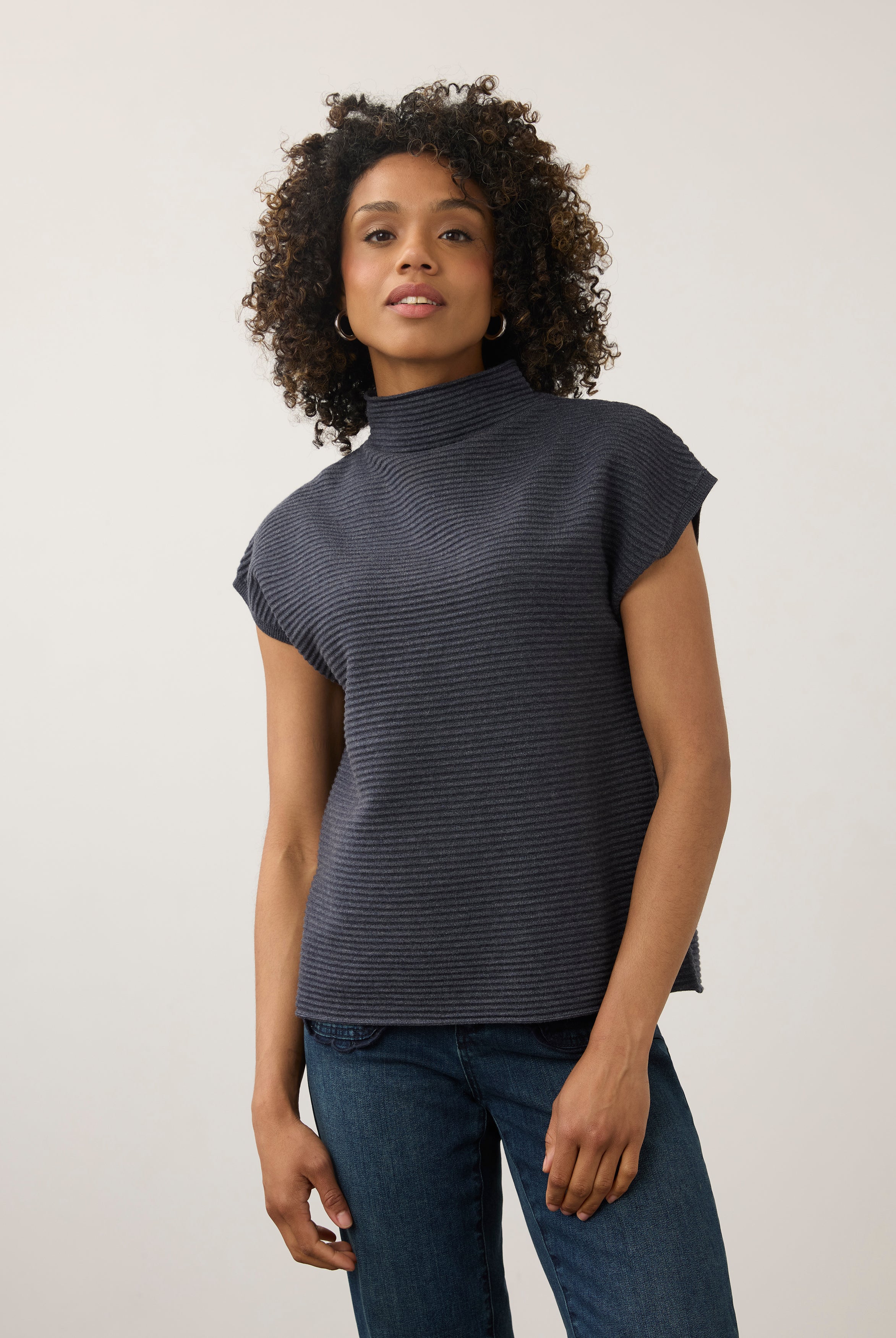 Front view of navy short sleeve top with ribbed texture and high collar by French Dressing Jeans (FDJ)