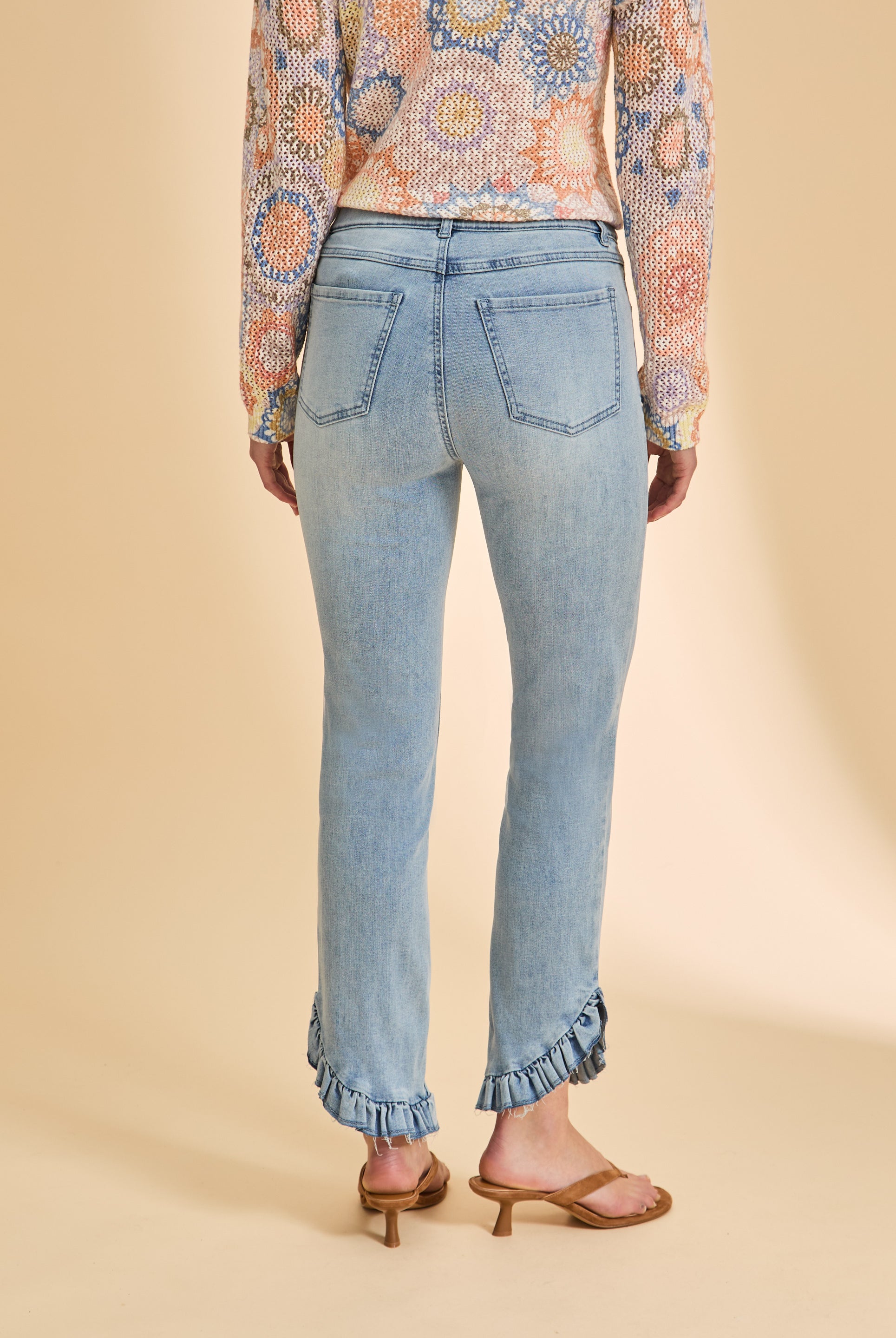 Back view of pull-on boot crop denim in blue eclipse showing back patch pockets by French Dressing Jeans (FDJ)