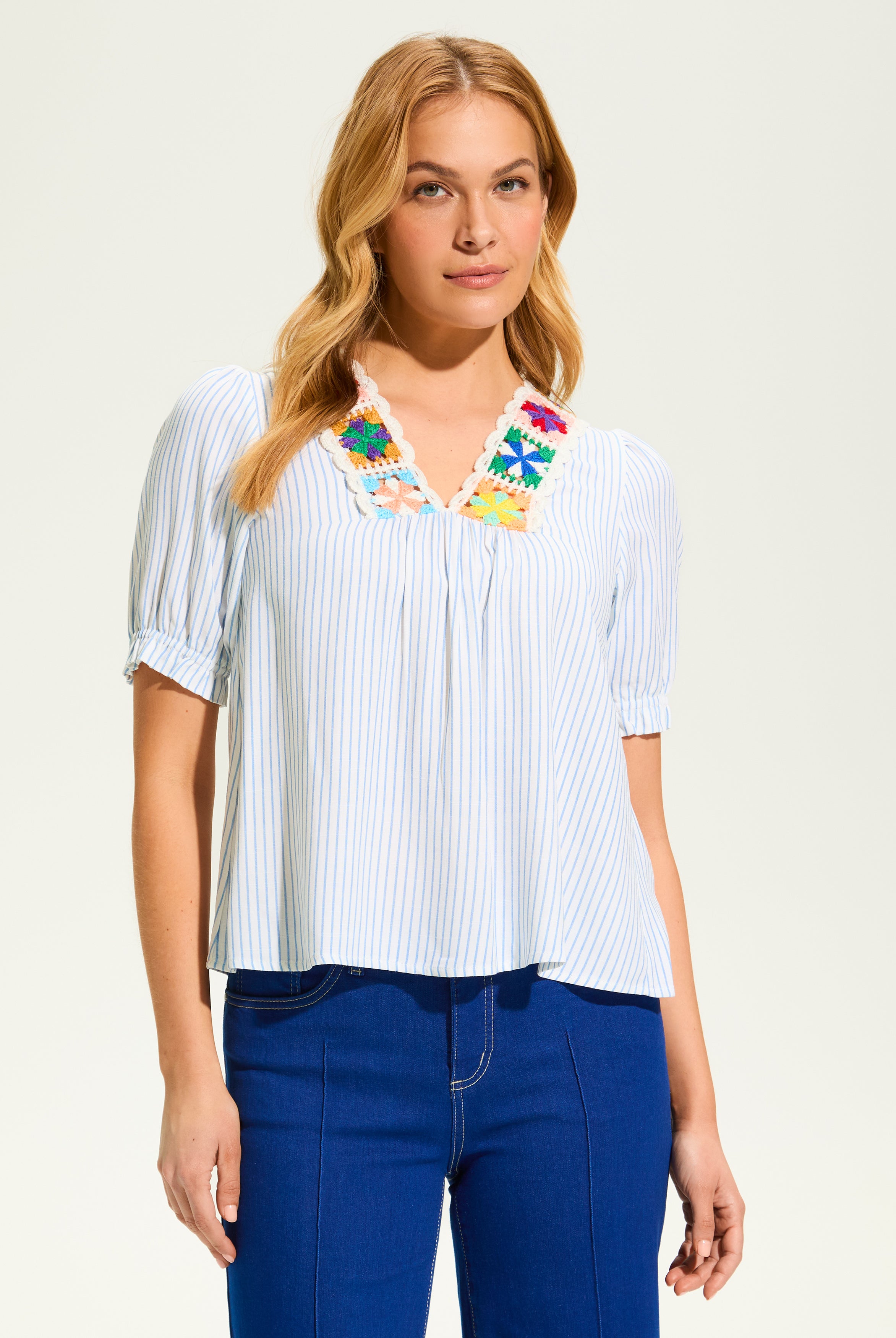 V Neck Crochet Trim Blouse