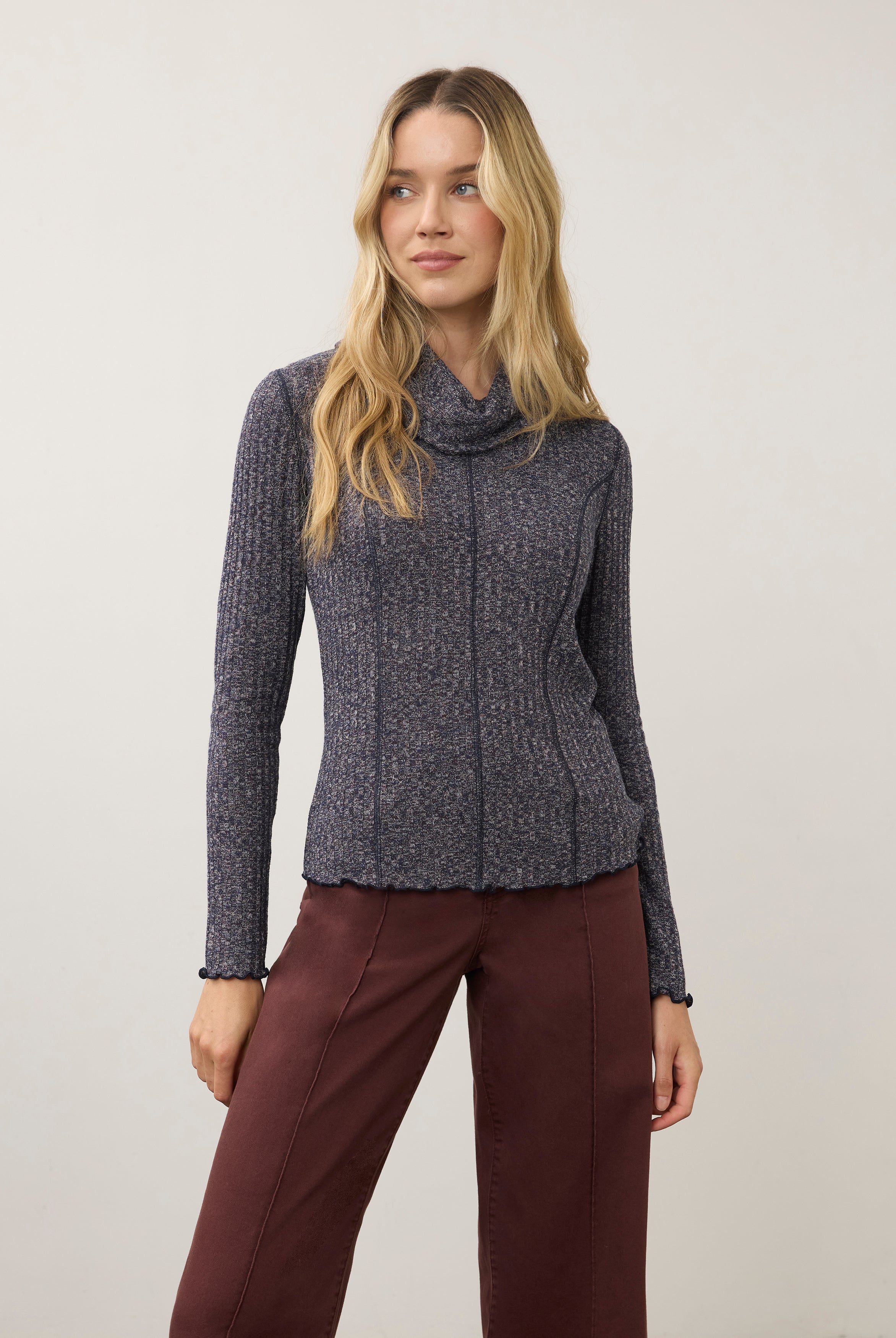 Front view of blue cowl neck top with ribbed texture and long sleeves by French Dressing Jeans (FDJ)