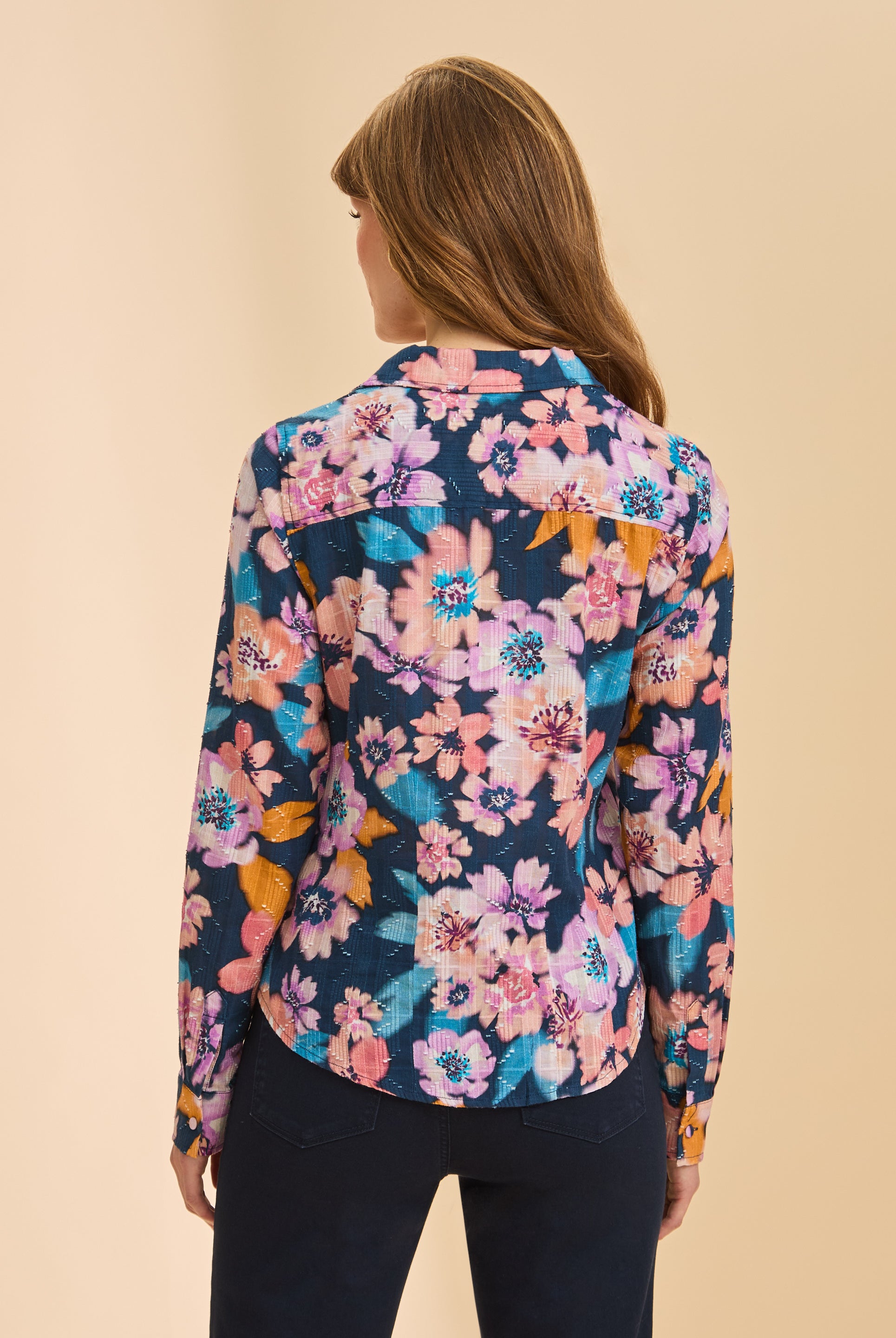Back view of navy floral shirt showing vibrant print by French Dressing Jeans (FDJ)