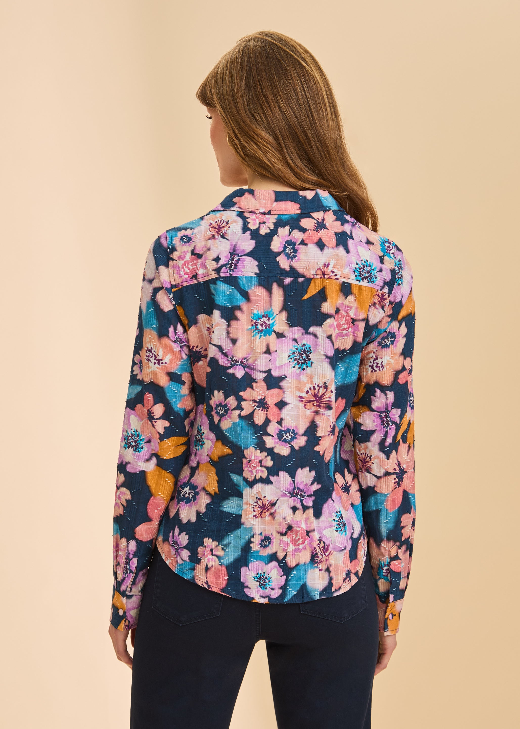 Back view of navy floral shirt showing vibrant print by French Dressing Jeans (FDJ)