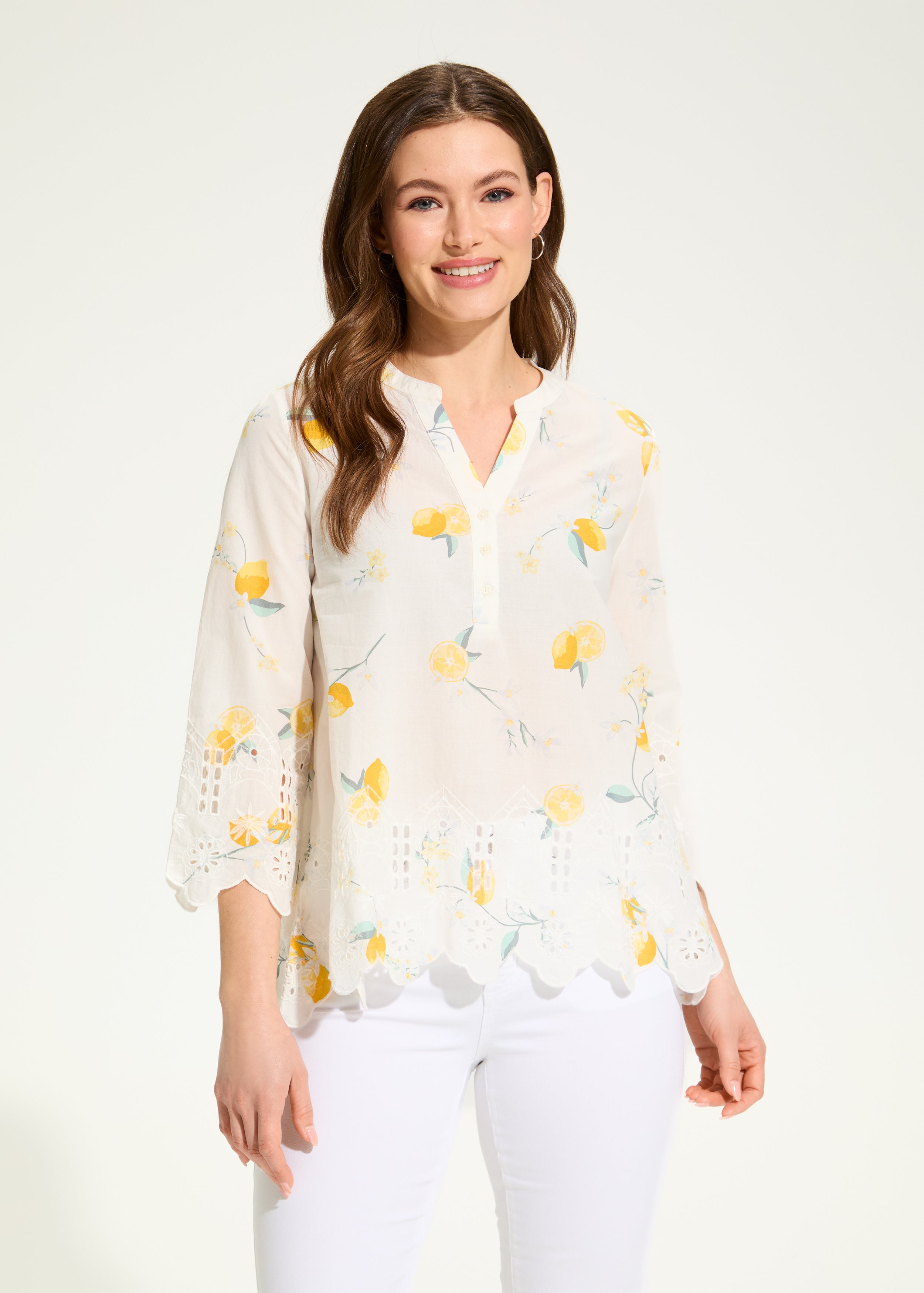 Lemon Print Eyelet Top