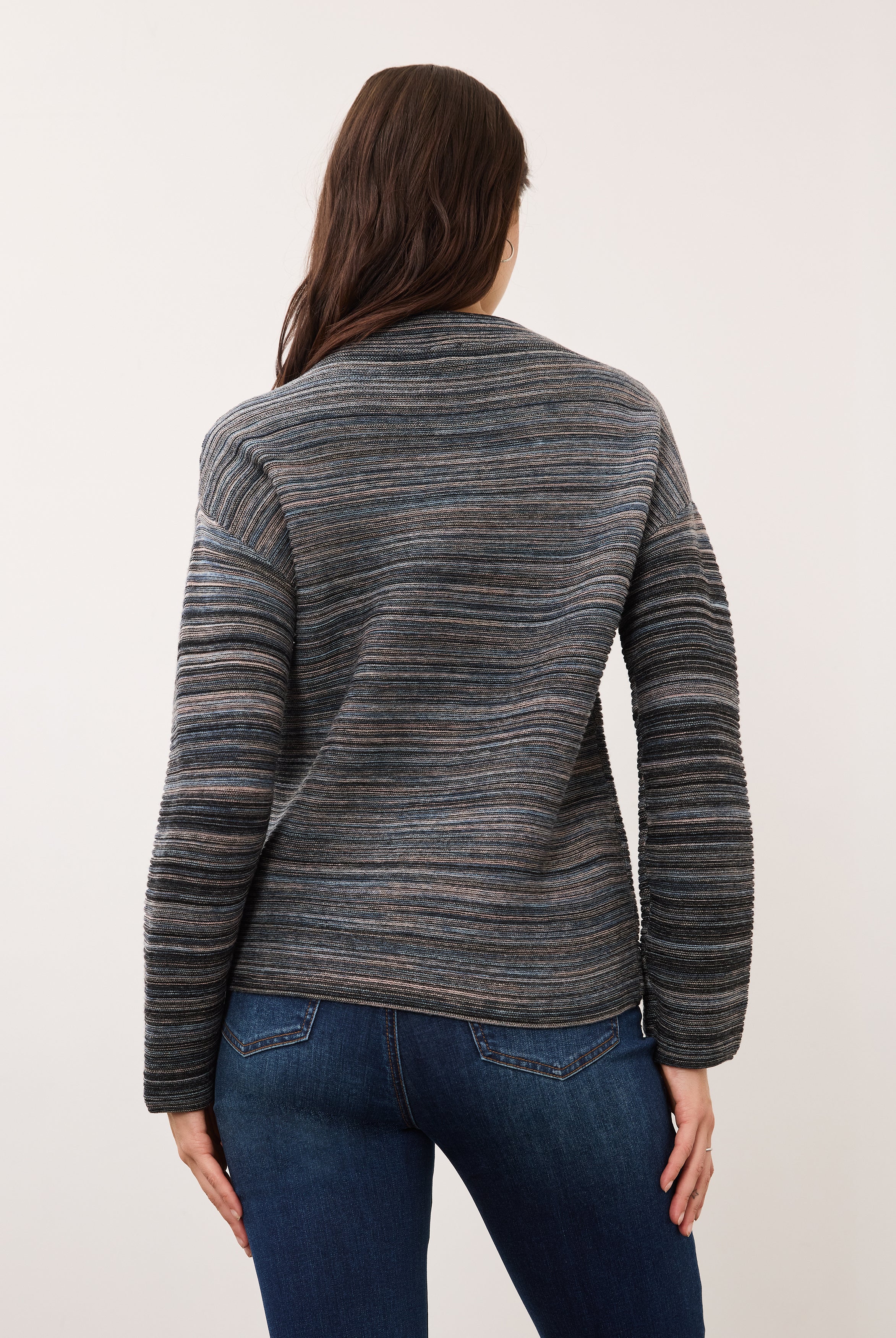 Back view of multicolored striped sweater showing fit by French Dressing Jeans (FDJ)