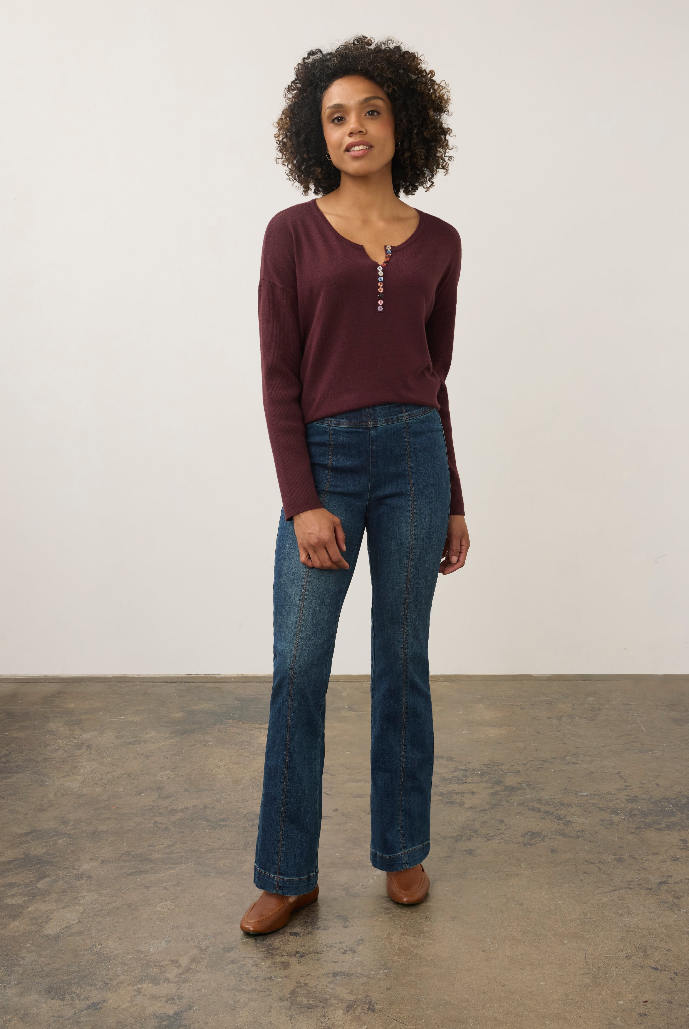 Full view of burgundy sweater with blue jeans outfit by French Dressing Jeans (FDJ)