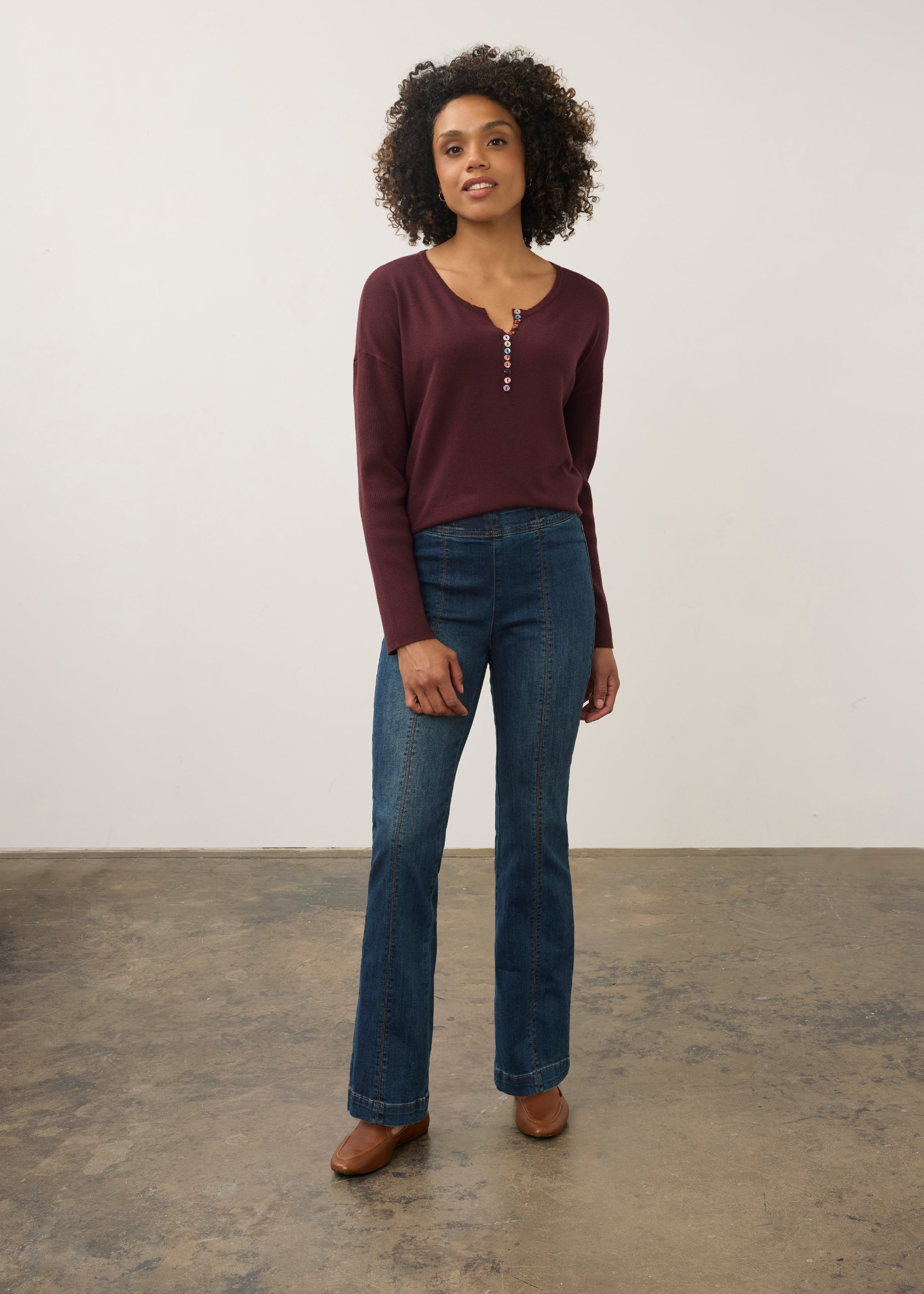 Full view of burgundy sweater with blue jeans outfit by French Dressing Jeans (FDJ)