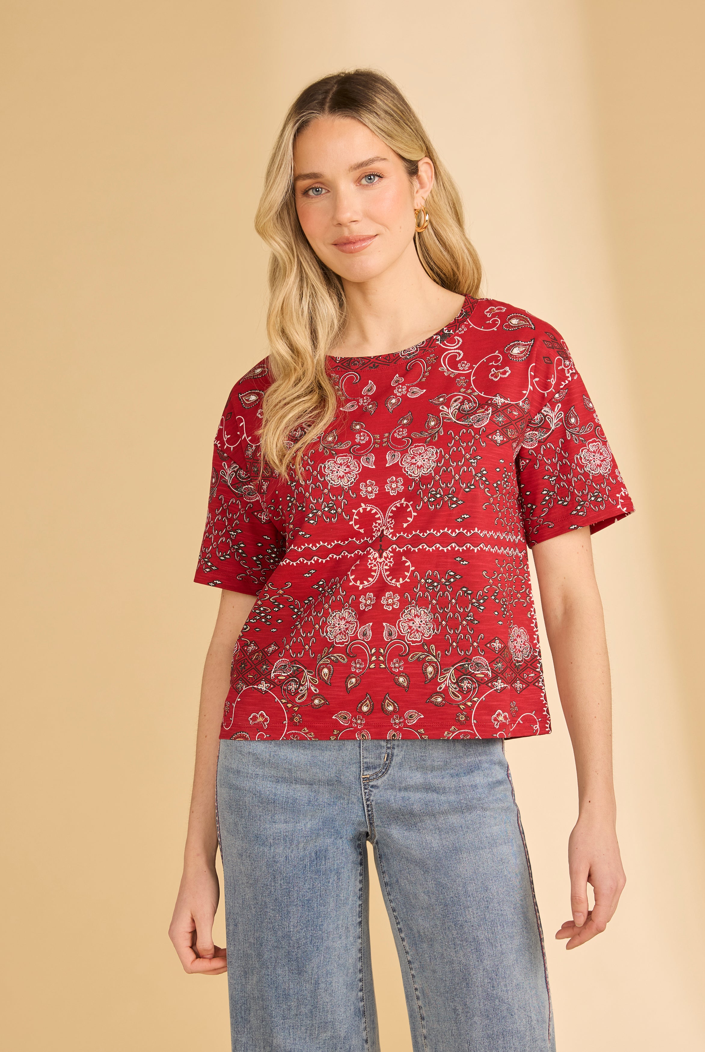 Front view of red Polynesian block print top featuring short sleeves and elegant print by French Dressing Jeans (FDJ)