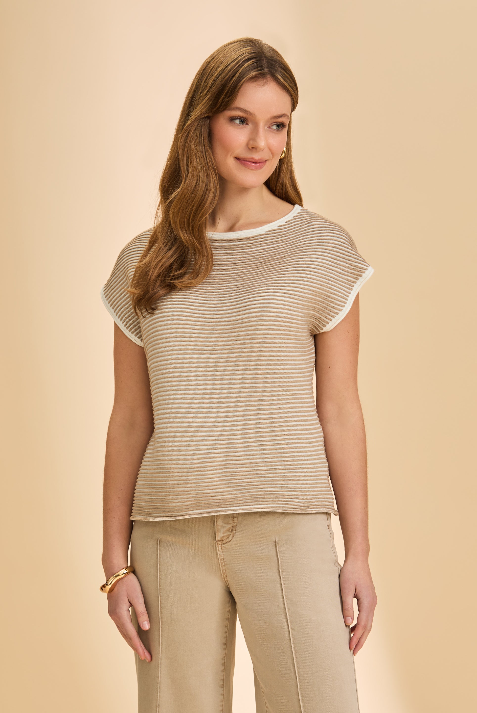 Front view of tan and white striped short-sleeve sweater with relaxed fit by French Dressing Jeans (FDJ)