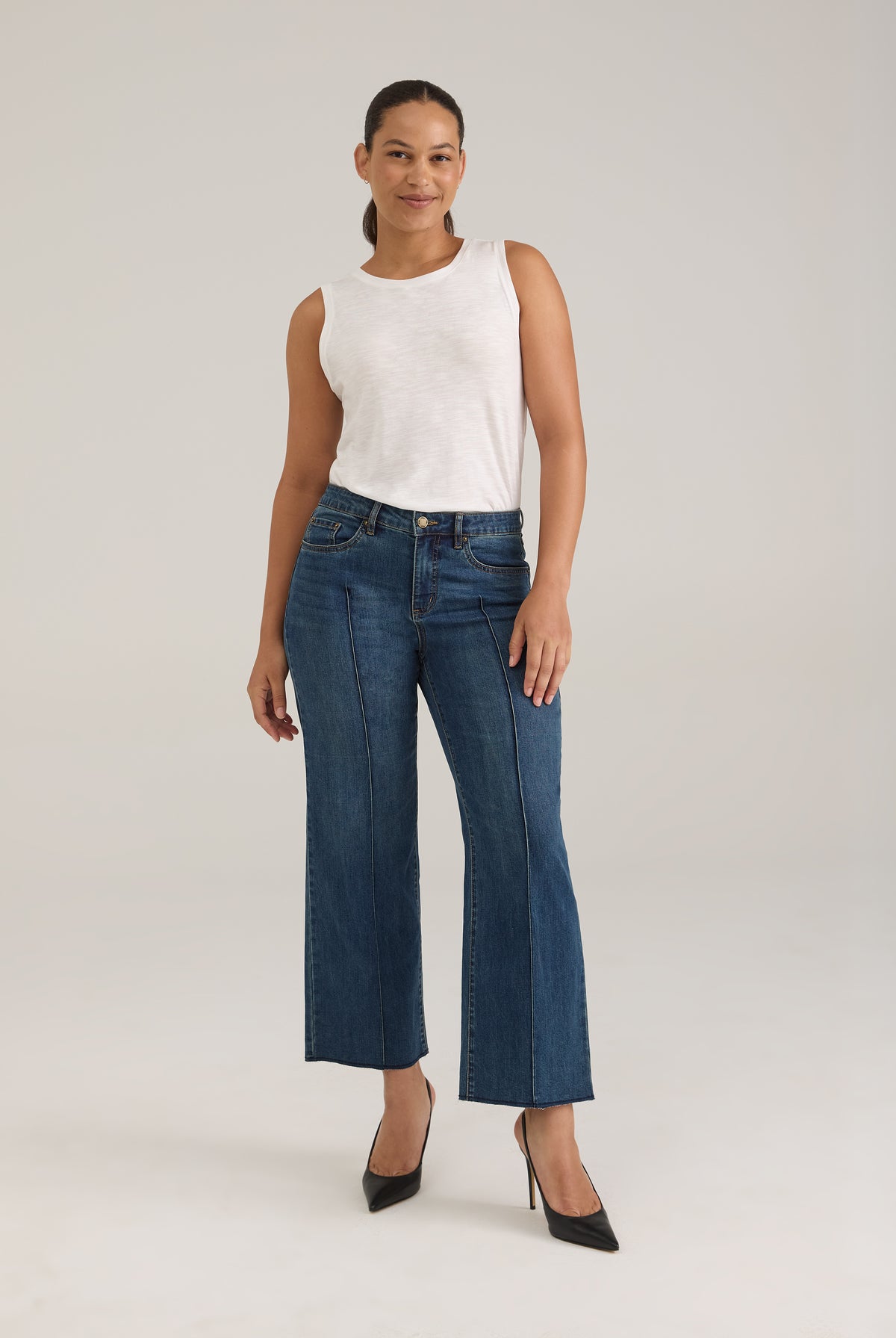 Full front view of Olivia wide ankle denim in dark wash with mid-rise and statement fit by French Dressing Jeans (FDJ)