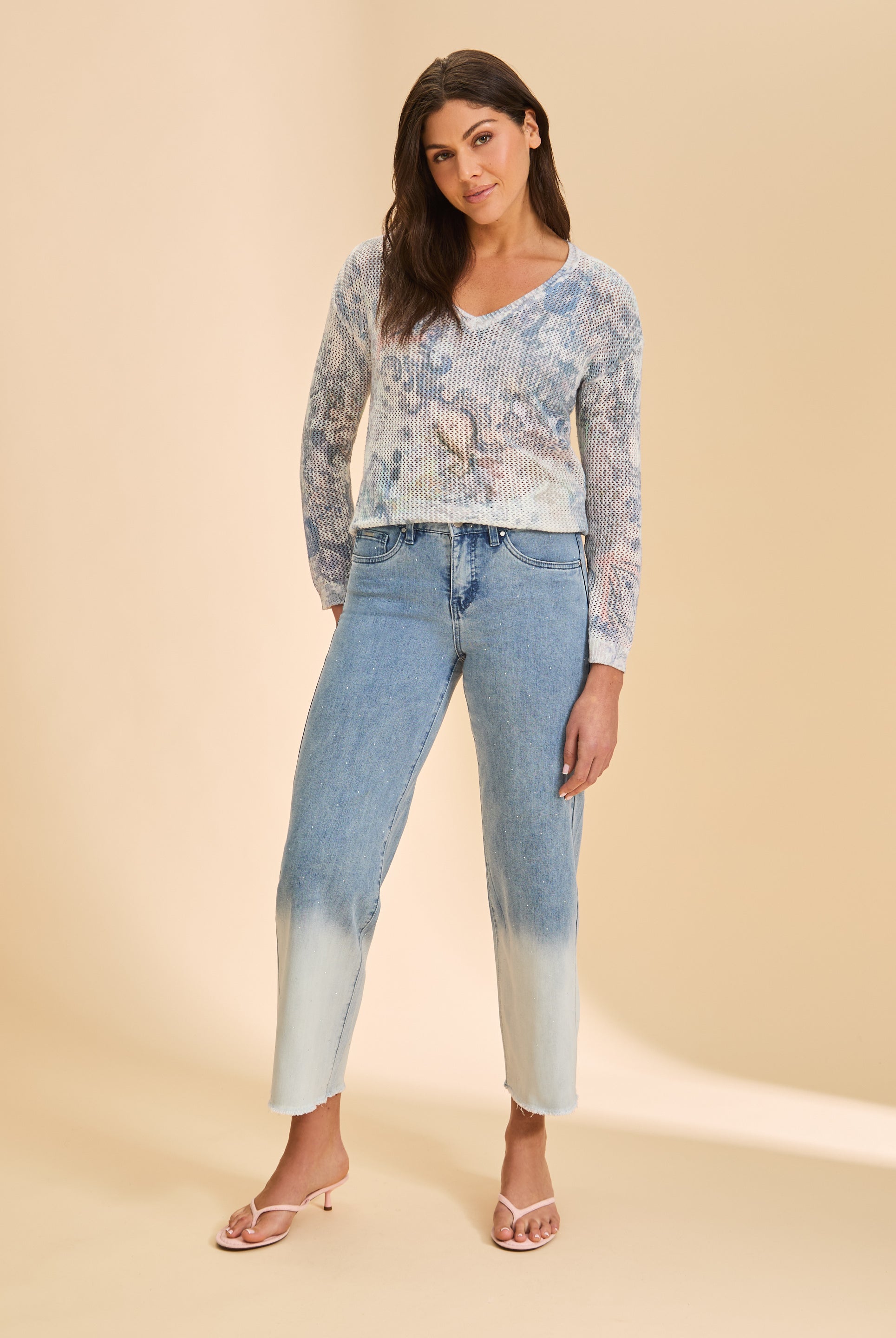 Full view of faded blue straight leg jeans with ombre effect by French Dressing Jeans (FDJ)