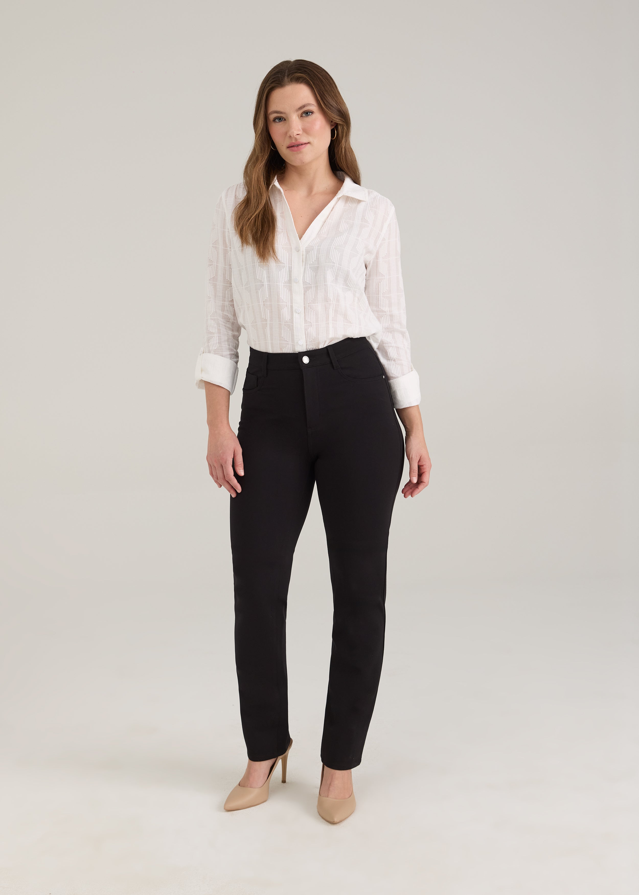 Full outfit with black pants highlighting sleek design by French Dressing Jeans (FDJ)