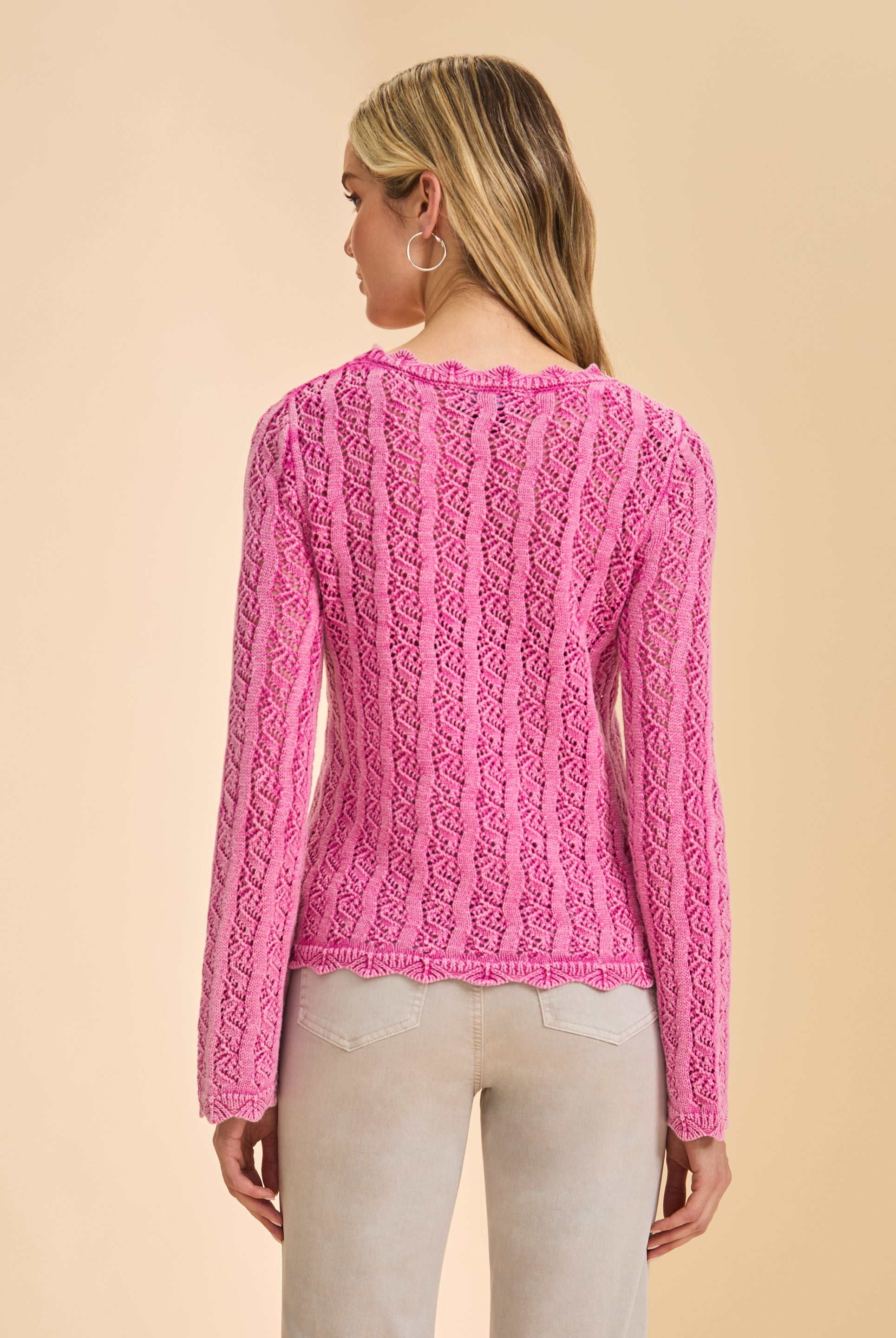 Back view of vibrant pink lace sweater highlighting lace details by French Dressing Jeans (FDJ)