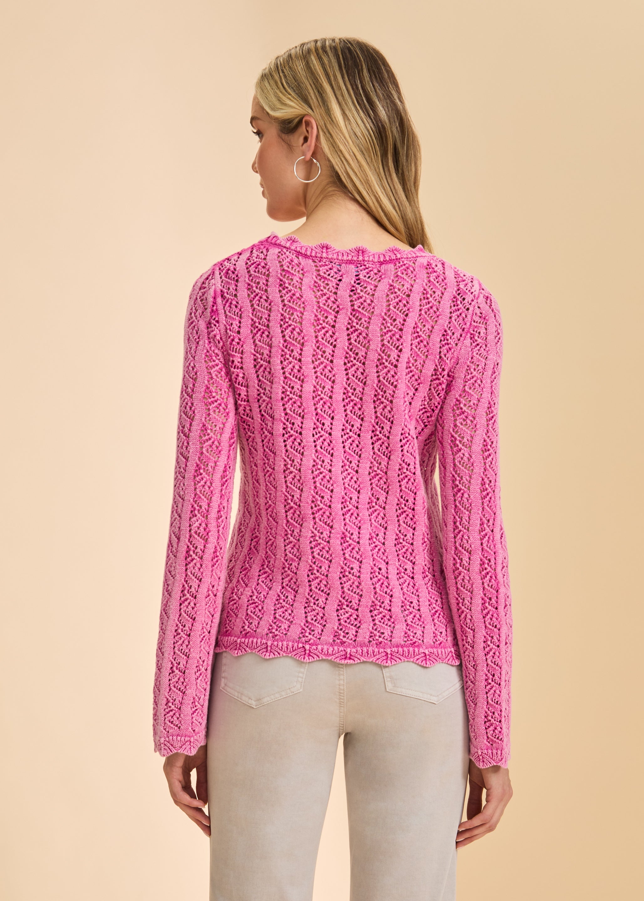 Back view of vibrant pink lace sweater highlighting lace details by French Dressing Jeans (FDJ)