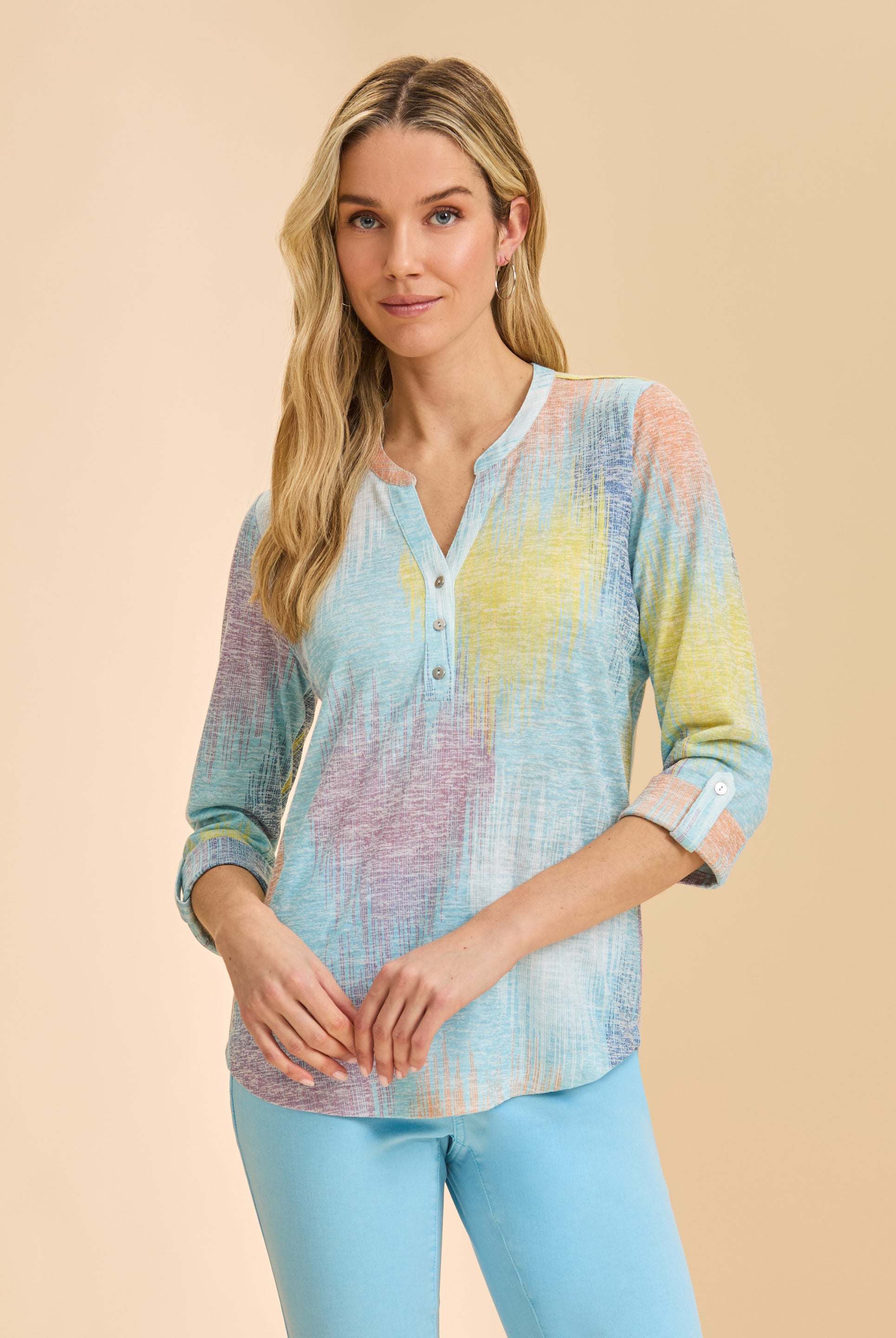 Front view of pastel patterned top with button detail by French Dressing Jeans (FDJ)