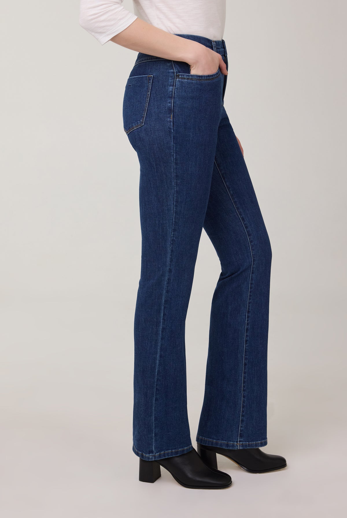 Side view of bootcut denim jeans in dark Delight color by French Dressing Jeans (FDJ)