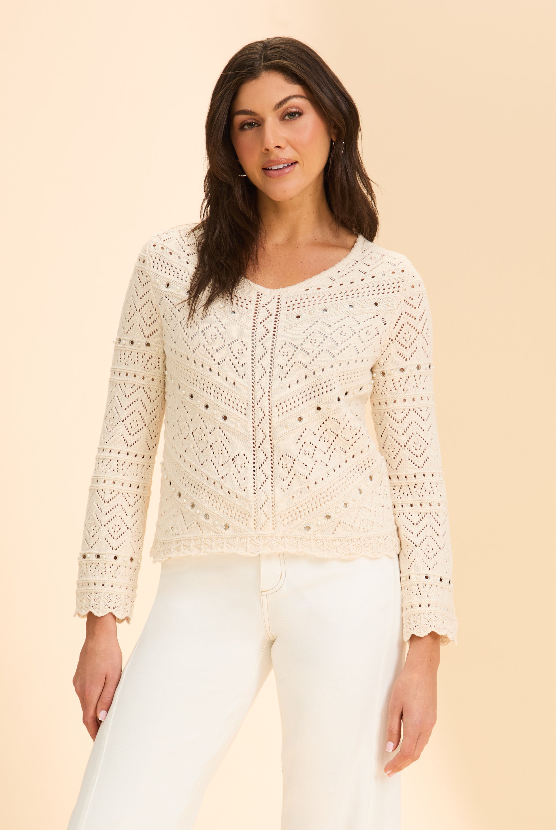 Front view of off-white crochet sweater with intricate lace pattern by French Dressing Jeans (FDJ)