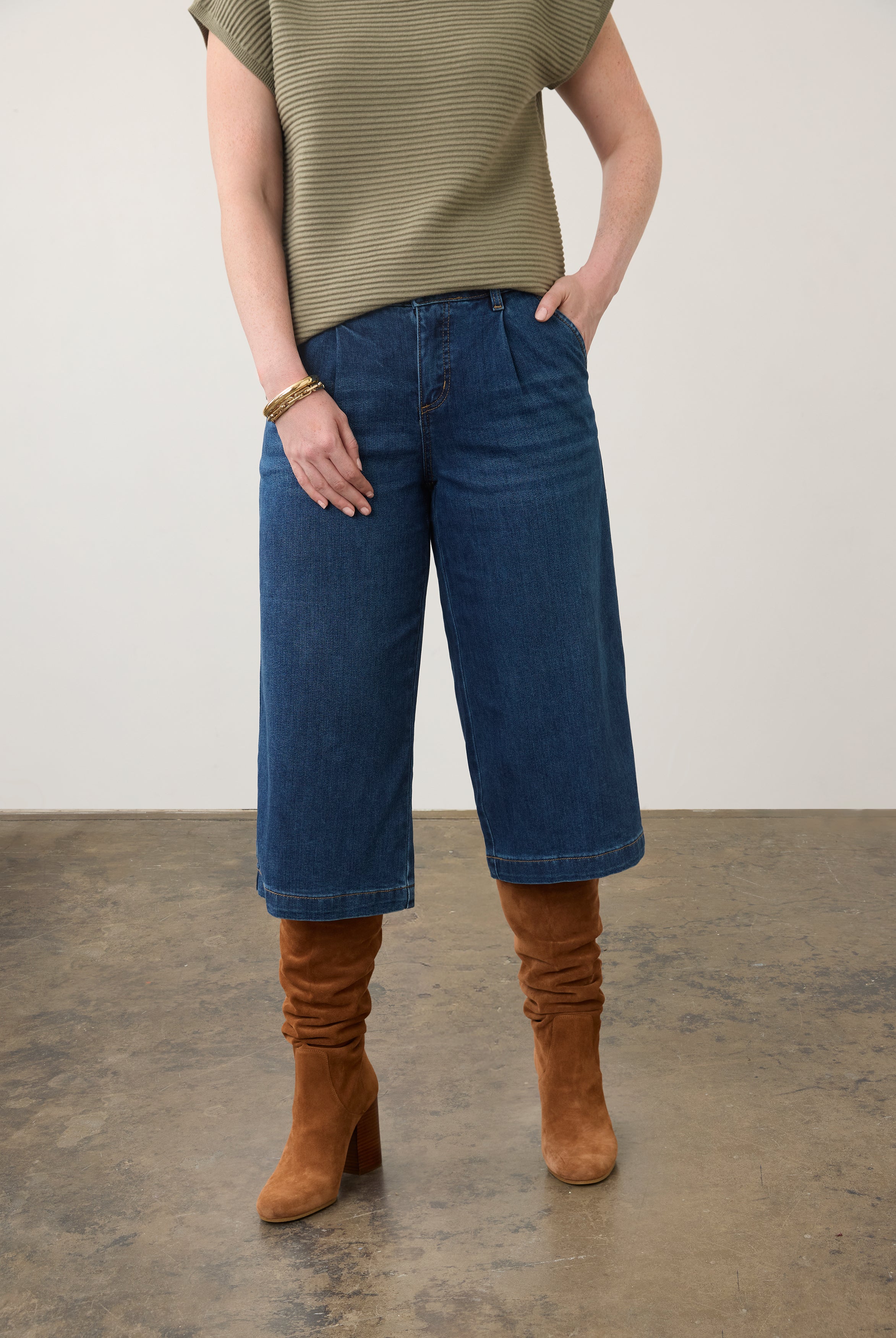 Front view of dark wash gaucho denim showing pleated design and front patch pockets by French Dressing Jeans (FDJ) par French Dressing Jeans (FDJ)