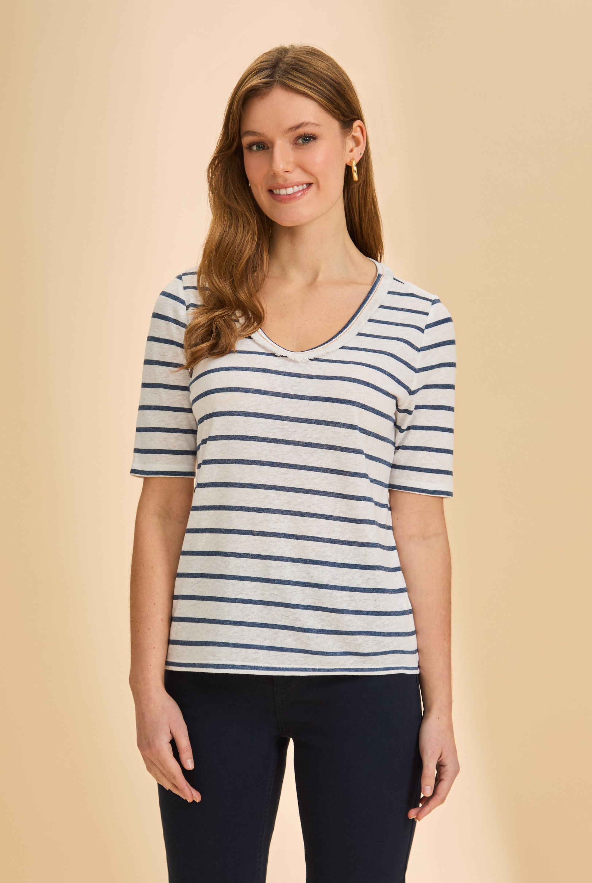 Front view of blue striped V-neck short sleeve top with classic nautical style by French Dressing Jeans (FDJ)