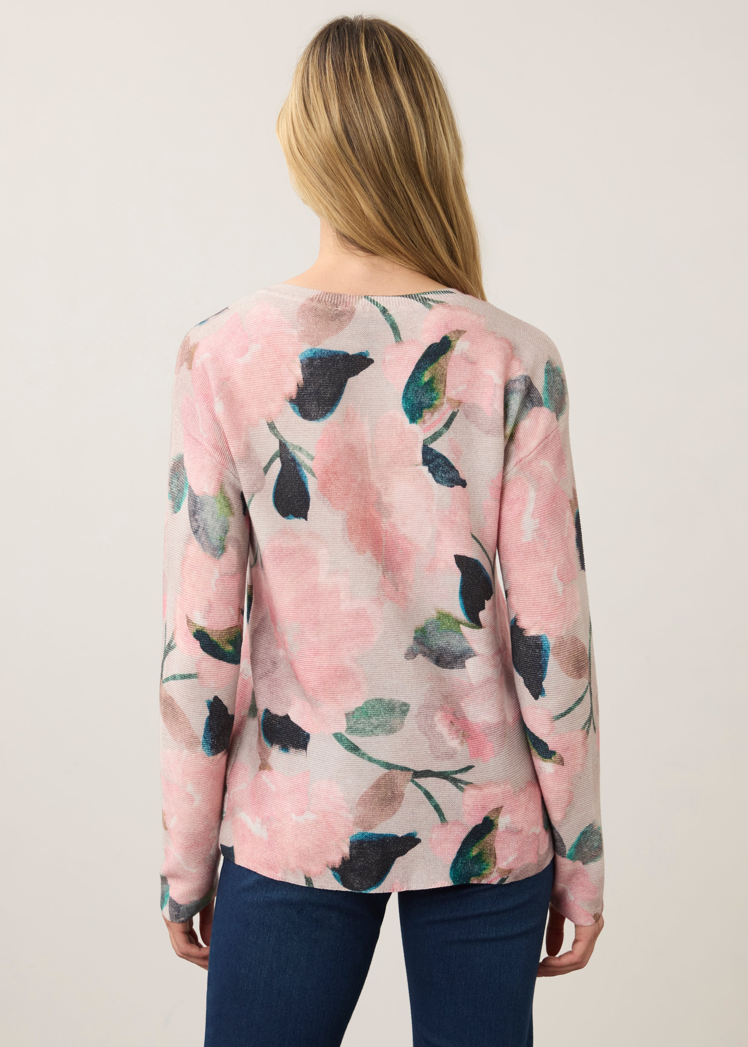 Back view of long sleeve printed sweater in De Winter Pink showing floral pattern by French Dressing Jeans (FDJ)
