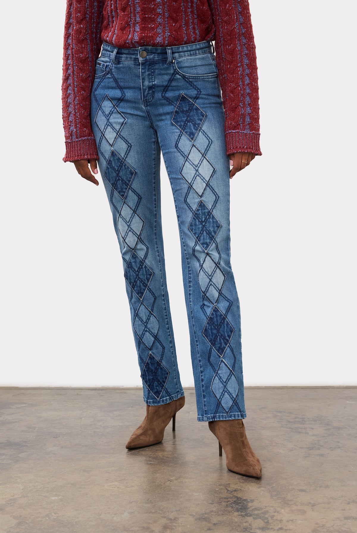 Indigo jeans front view showcasing diamond patchwork and straight leg design by French Dressing Jeans (FDJ)