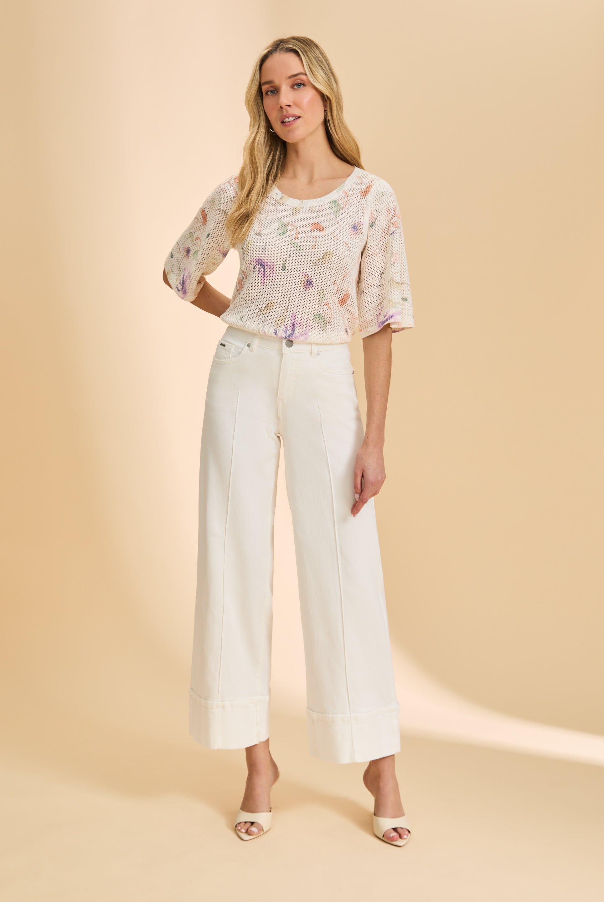 Full front view of white/red stripe sweater paired with white pants by French Dressing Jeans (FDJ)