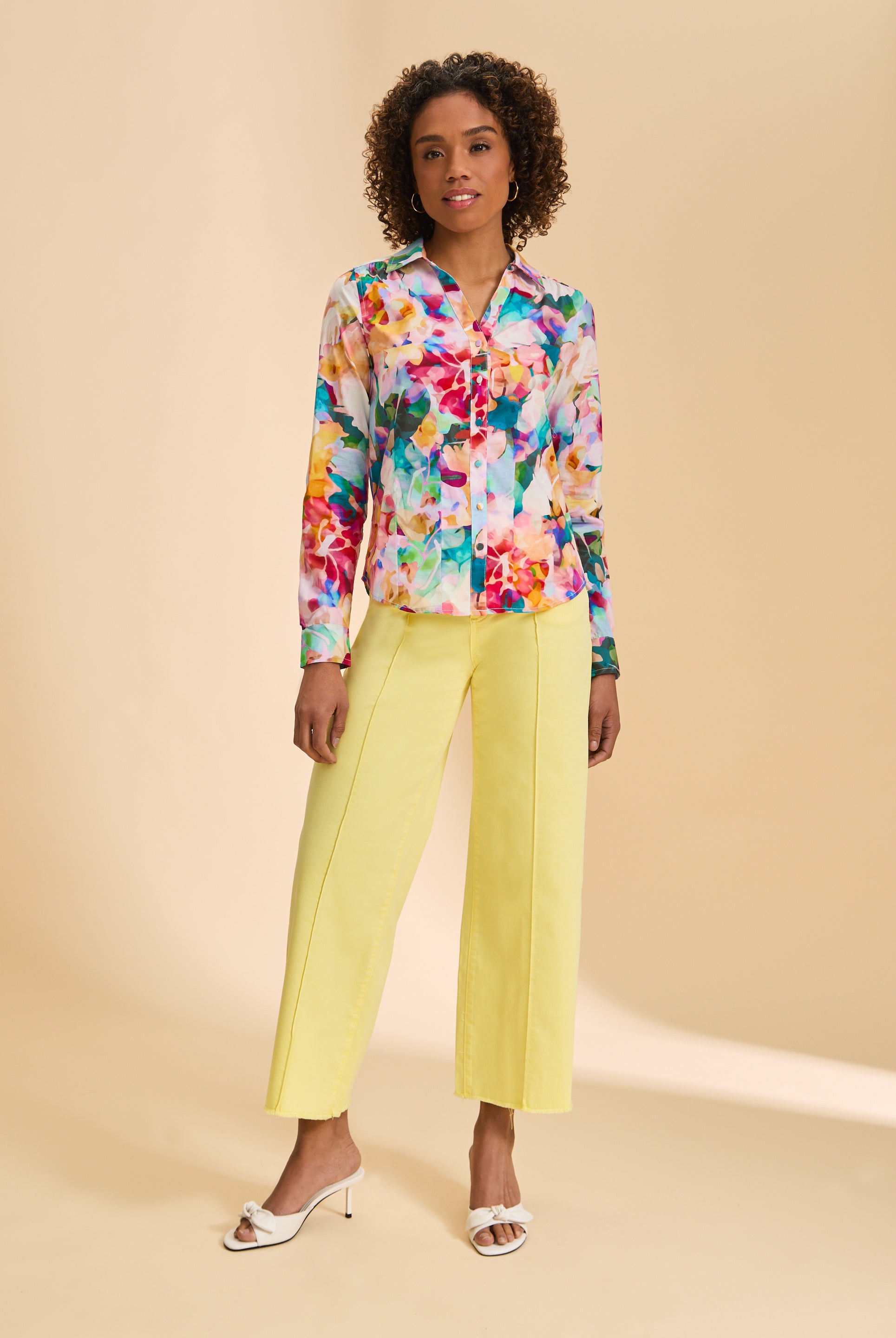 Full view of floral split neck shirt paired with yellow pants by French Dressing Jeans (FDJ)