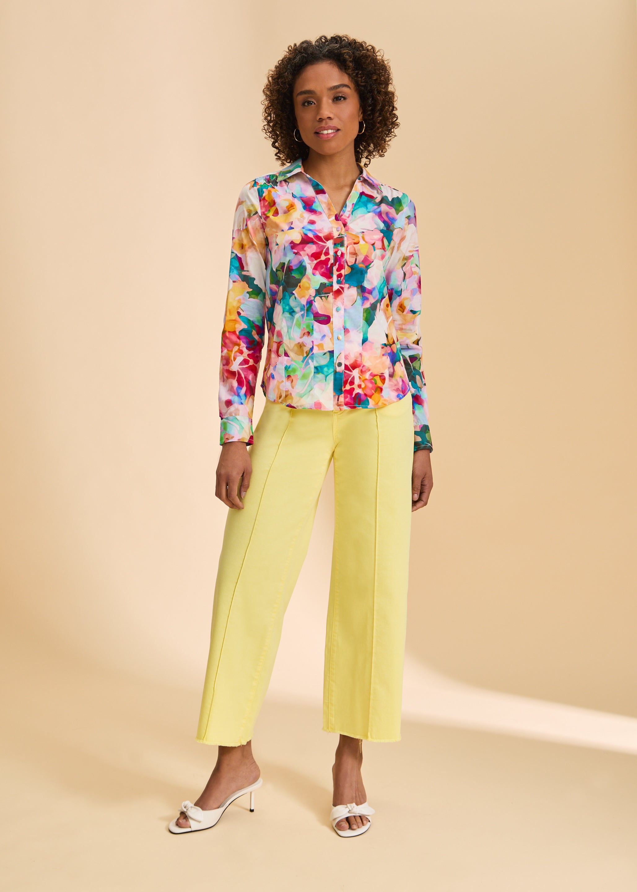 Full view of floral split neck shirt paired with yellow pants by French Dressing Jeans (FDJ)
