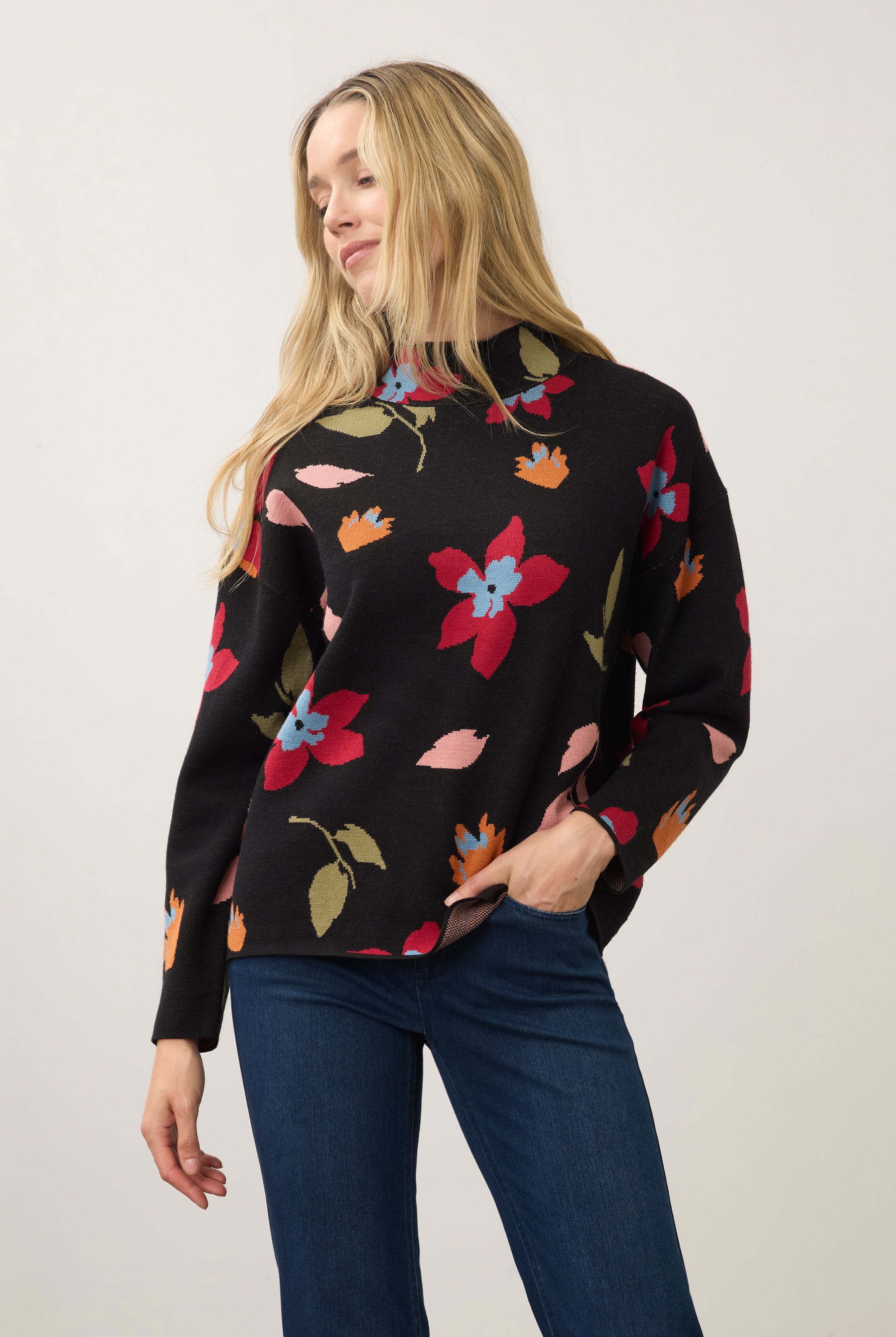 Front view of black floral sweater with colorful patterns by French Dressing Jeans (FDJ)