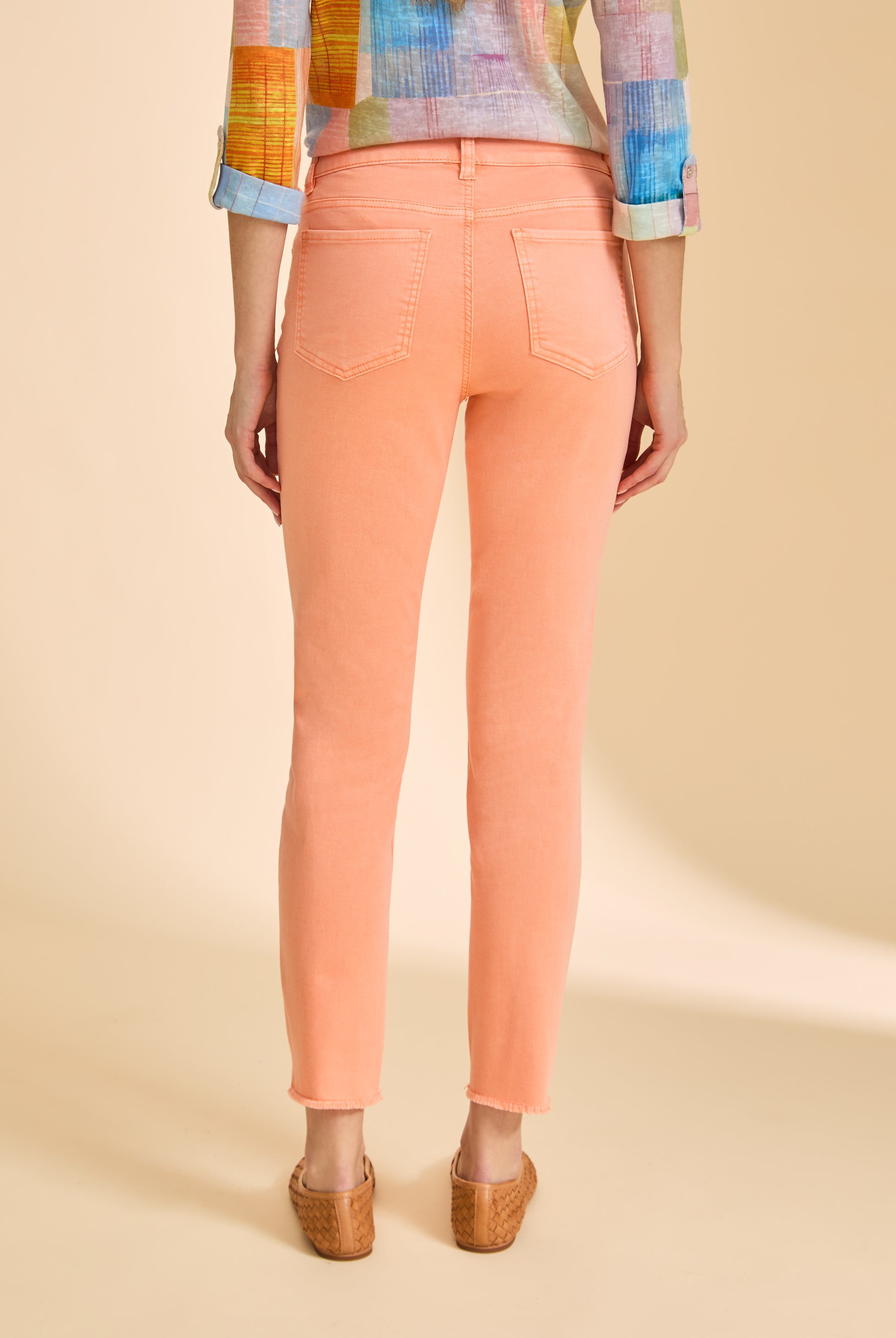 Peach skinny pants back view showing patch pockets by French Dressing Jeans (FDJ)