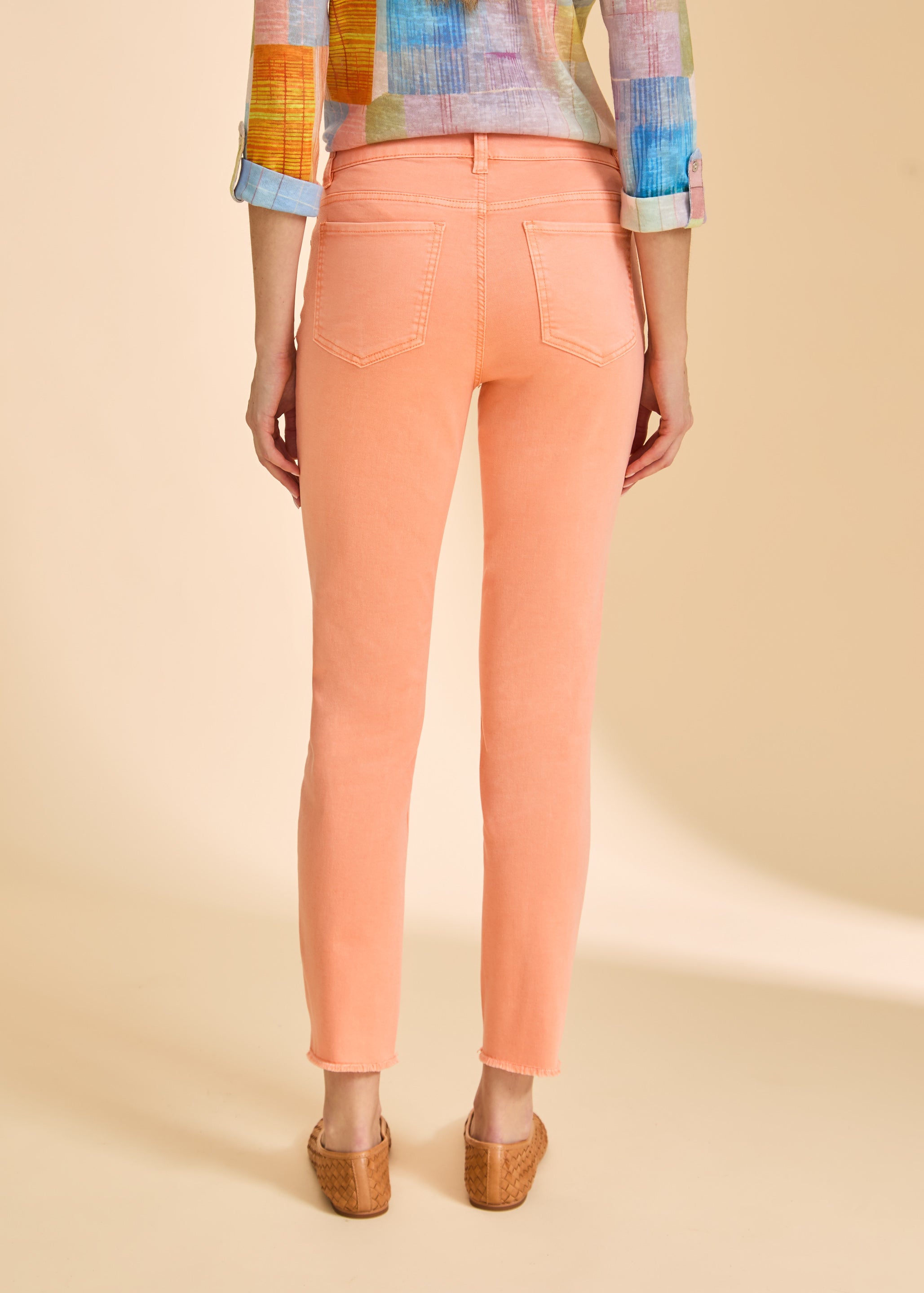 Peach skinny pants back view showing patch pockets by French Dressing Jeans (FDJ)