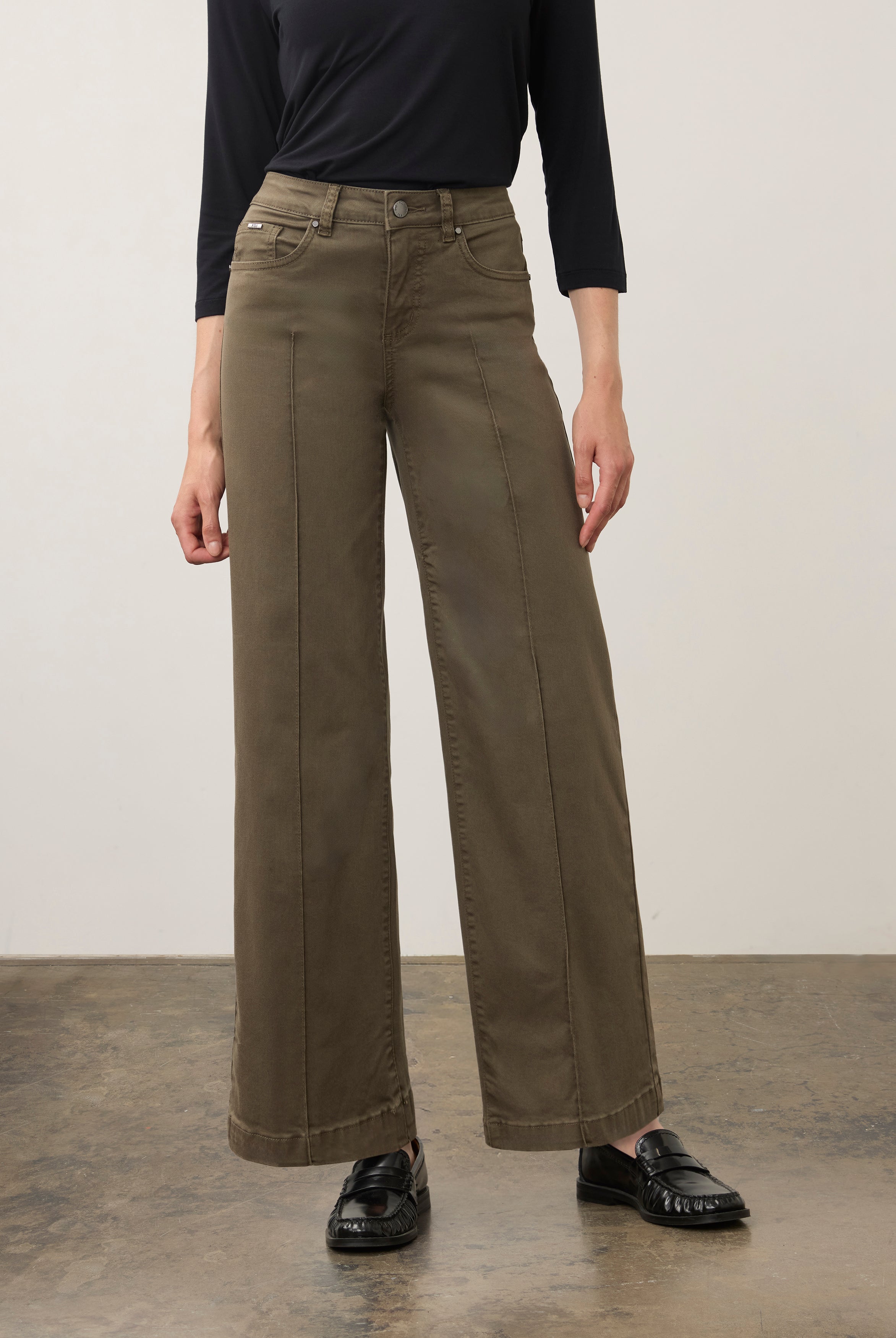 Front view of olive wide-leg denim with mid-rise fit by French Dressing Jeans (FDJ) par French Dressing Jeans (FDJ)