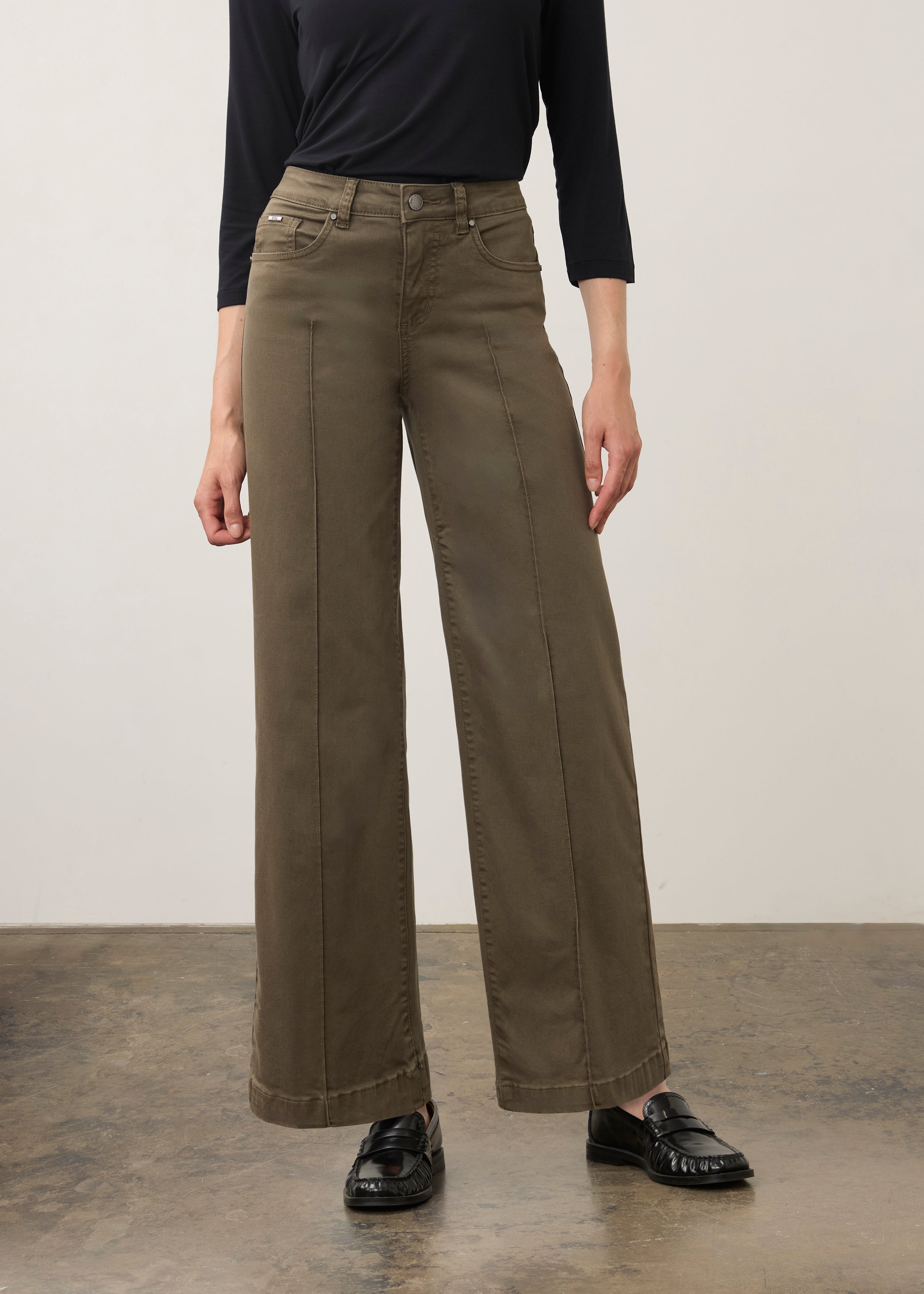 Front view of olive wide-leg denim with mid-rise fit by French Dressing Jeans (FDJ) par French Dressing Jeans (FDJ)