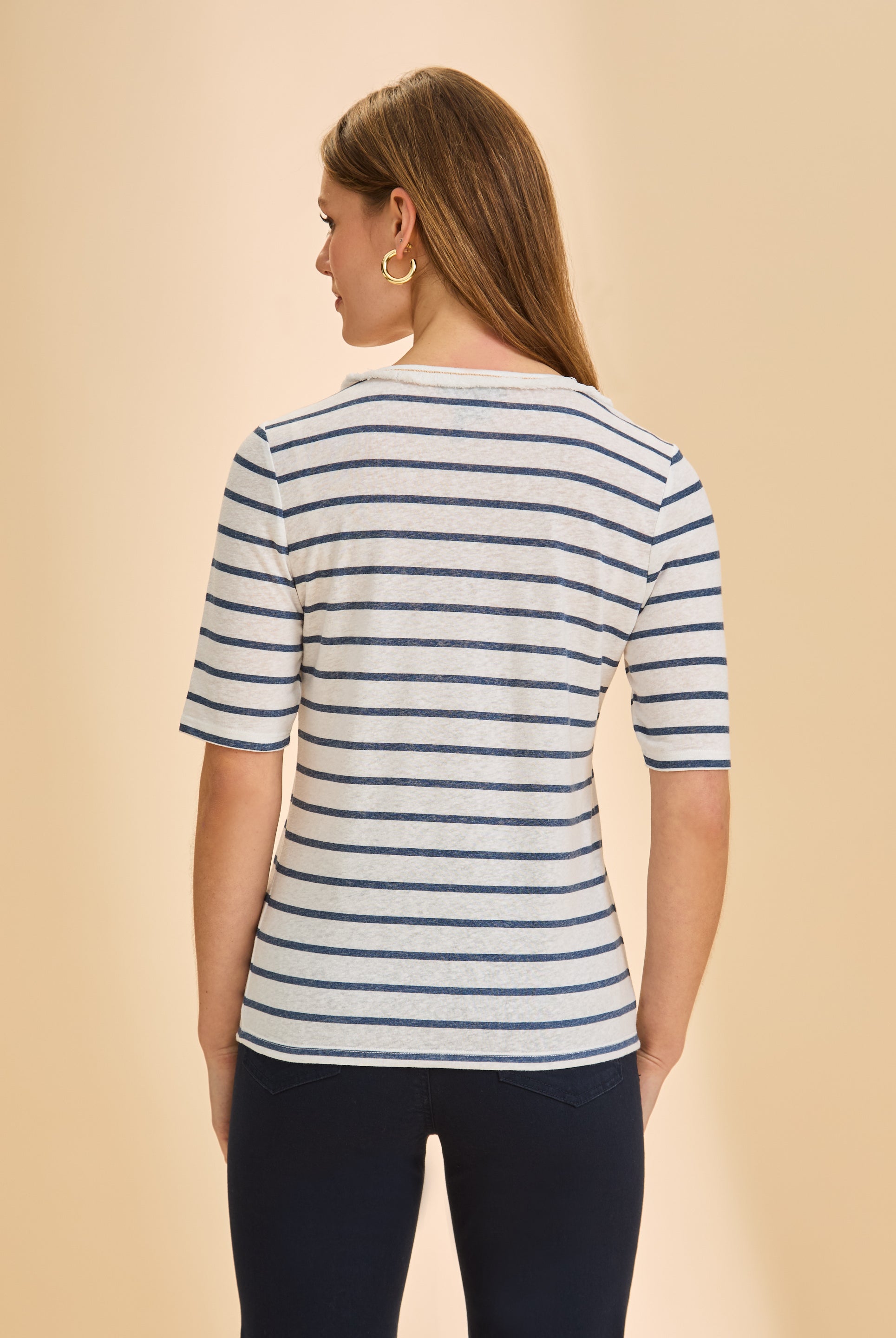 Back view of blue striped V-neck top featuring timeless design by French Dressing Jeans (FDJ)