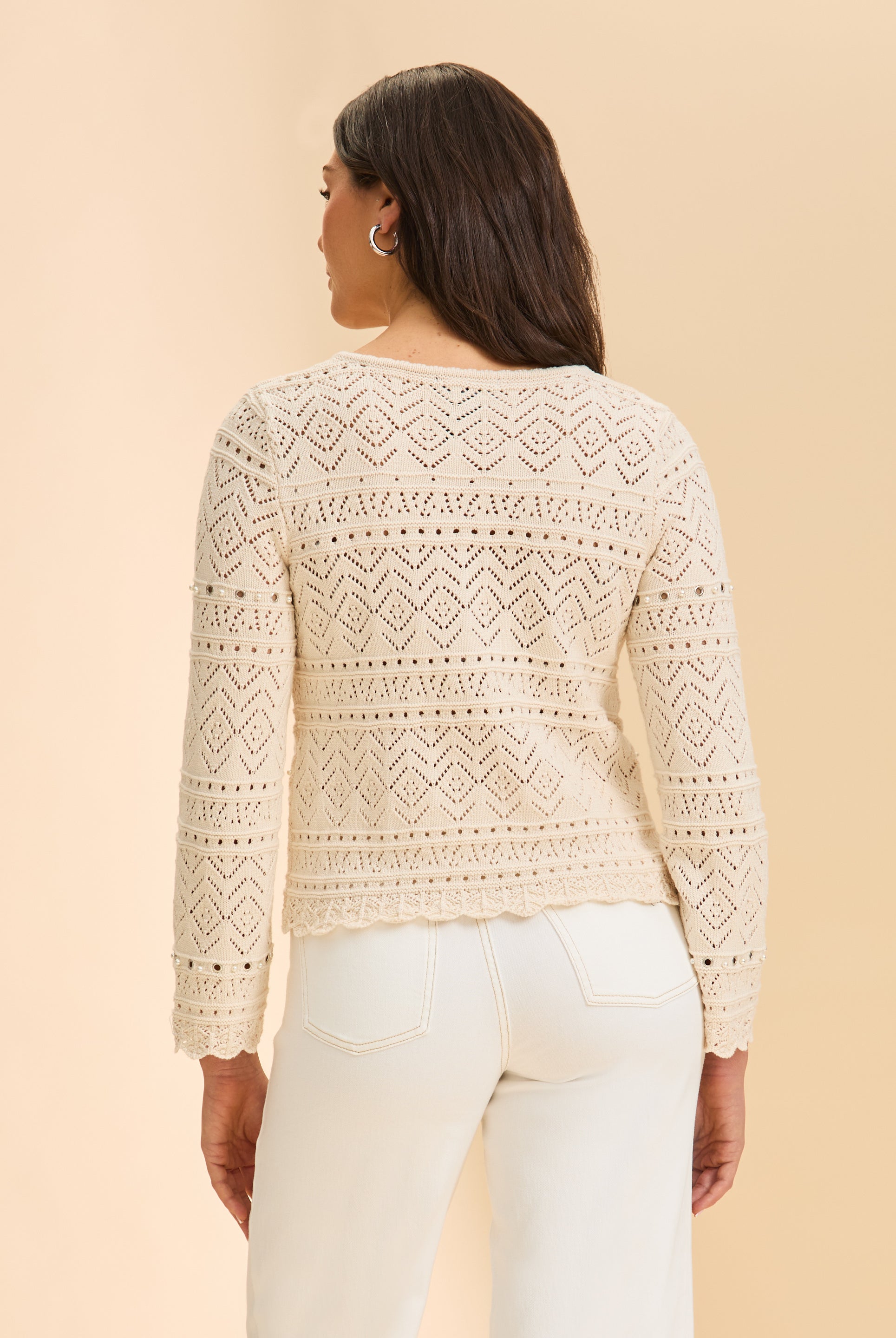 Back view of off-white crochet sweater showing lace details by French Dressing Jeans (FDJ)