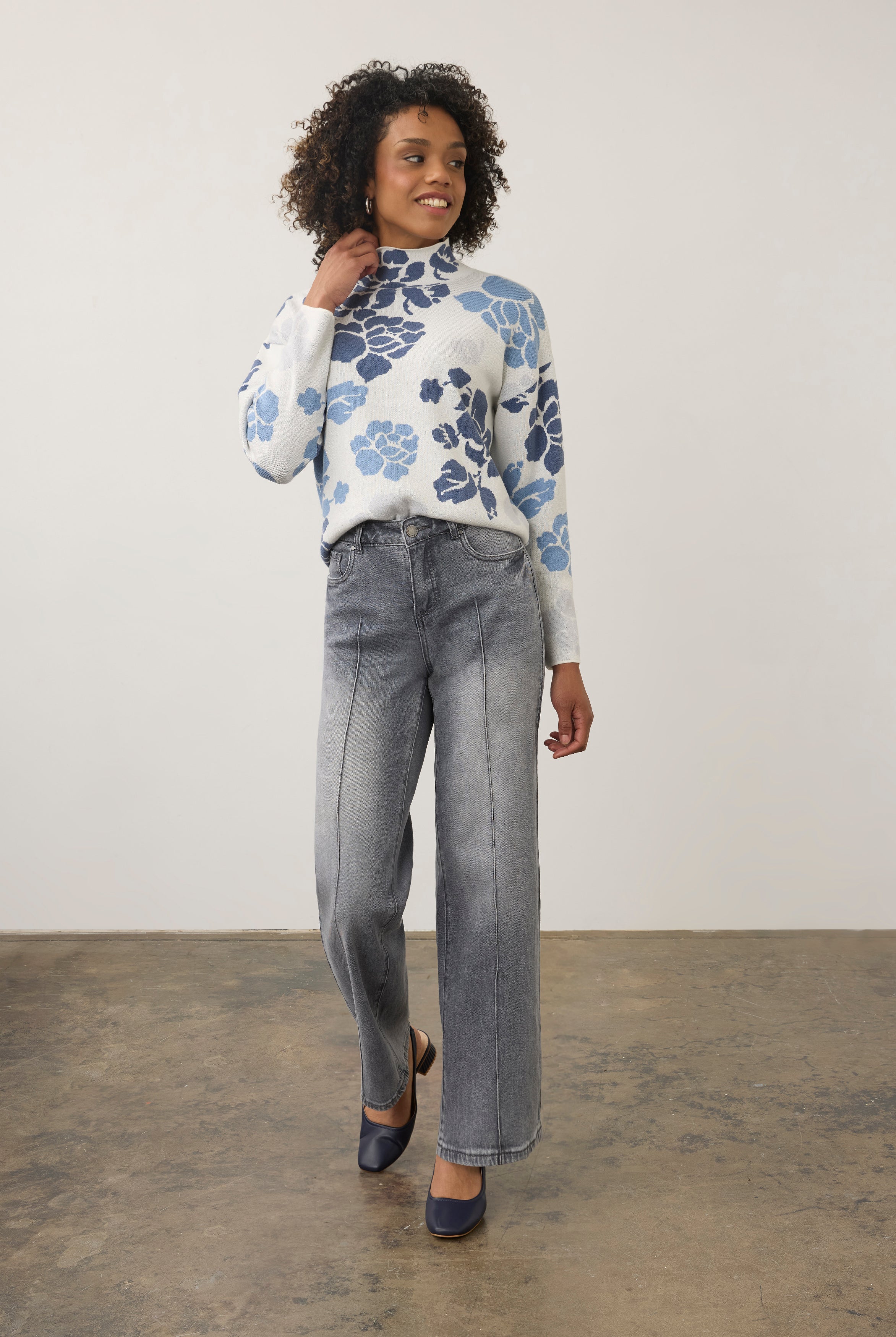 Full front view of blue Olivia denim with pintuck seams and wide leg fit by French Dressing Jeans (FDJ) par French Dressing Jeans (FDJ)