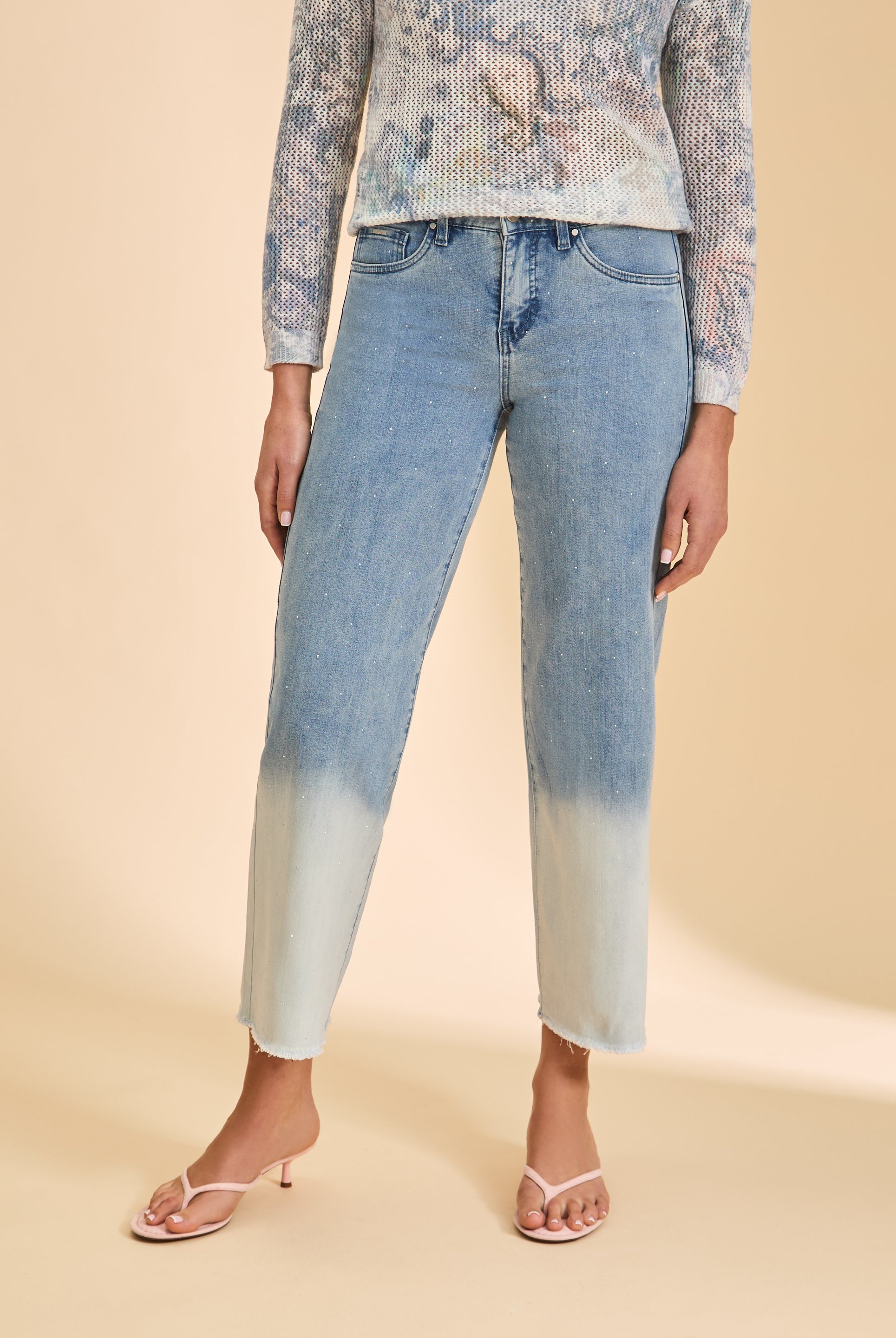 Close-up of faded blue denim with ombre fade and front pockets by French Dressing Jeans (FDJ)