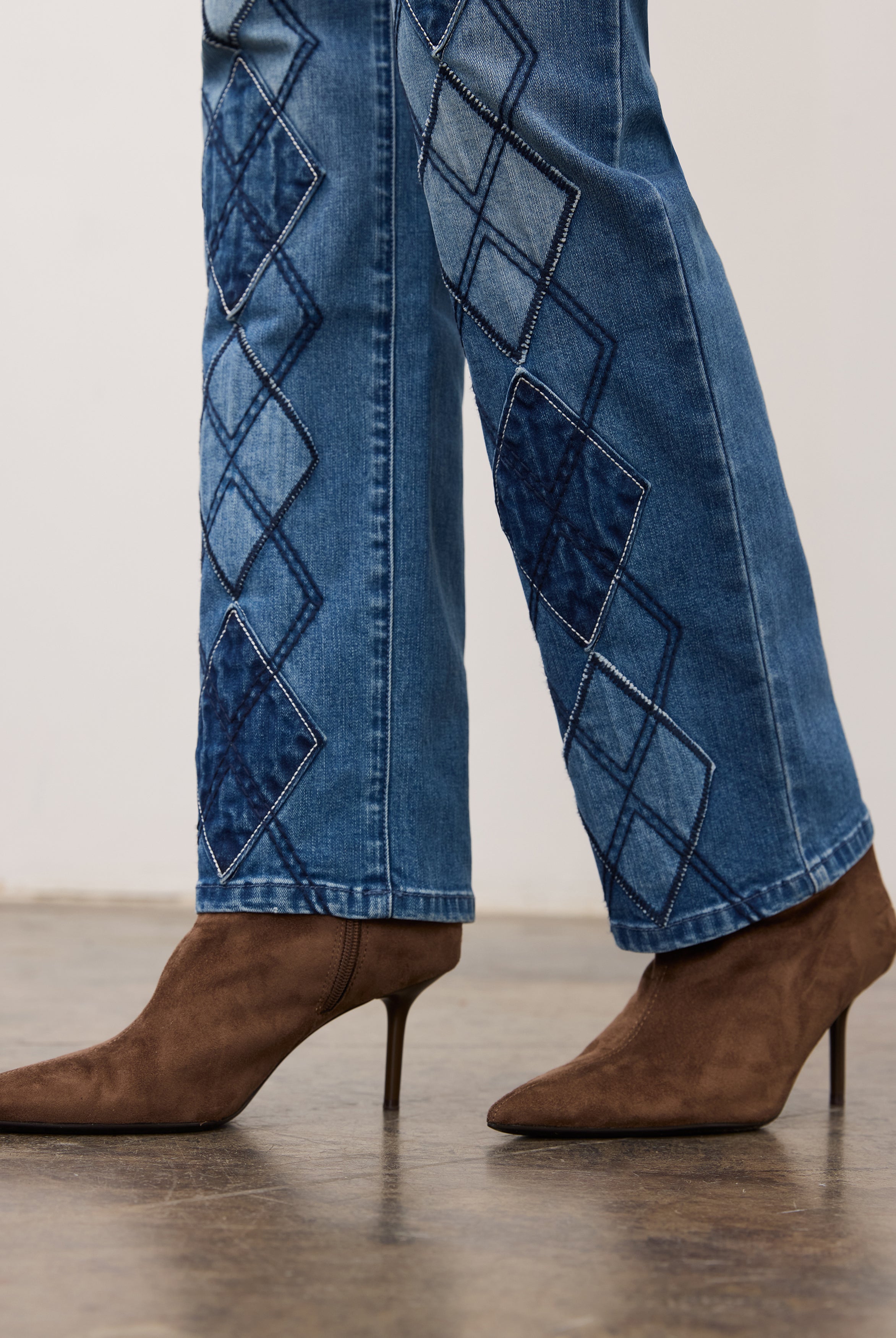 Close-up of indigo jeans fabric detailing diamond patterns on straight leg by French Dressing Jeans (FDJ)