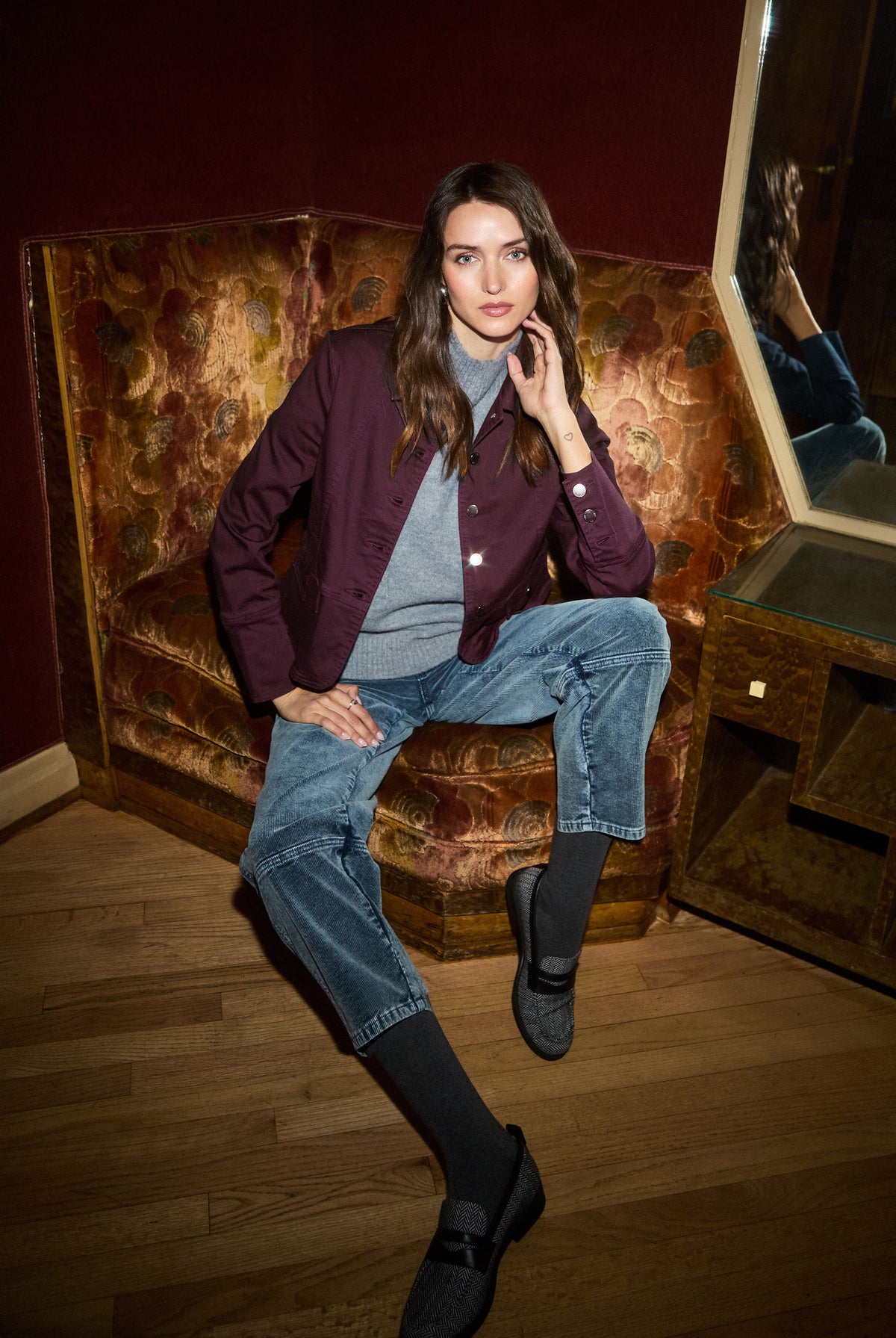 Front detail of Suzanne straight leg pant in blueberry showing high-rise waistband by French Dressing Jeans (FDJ)