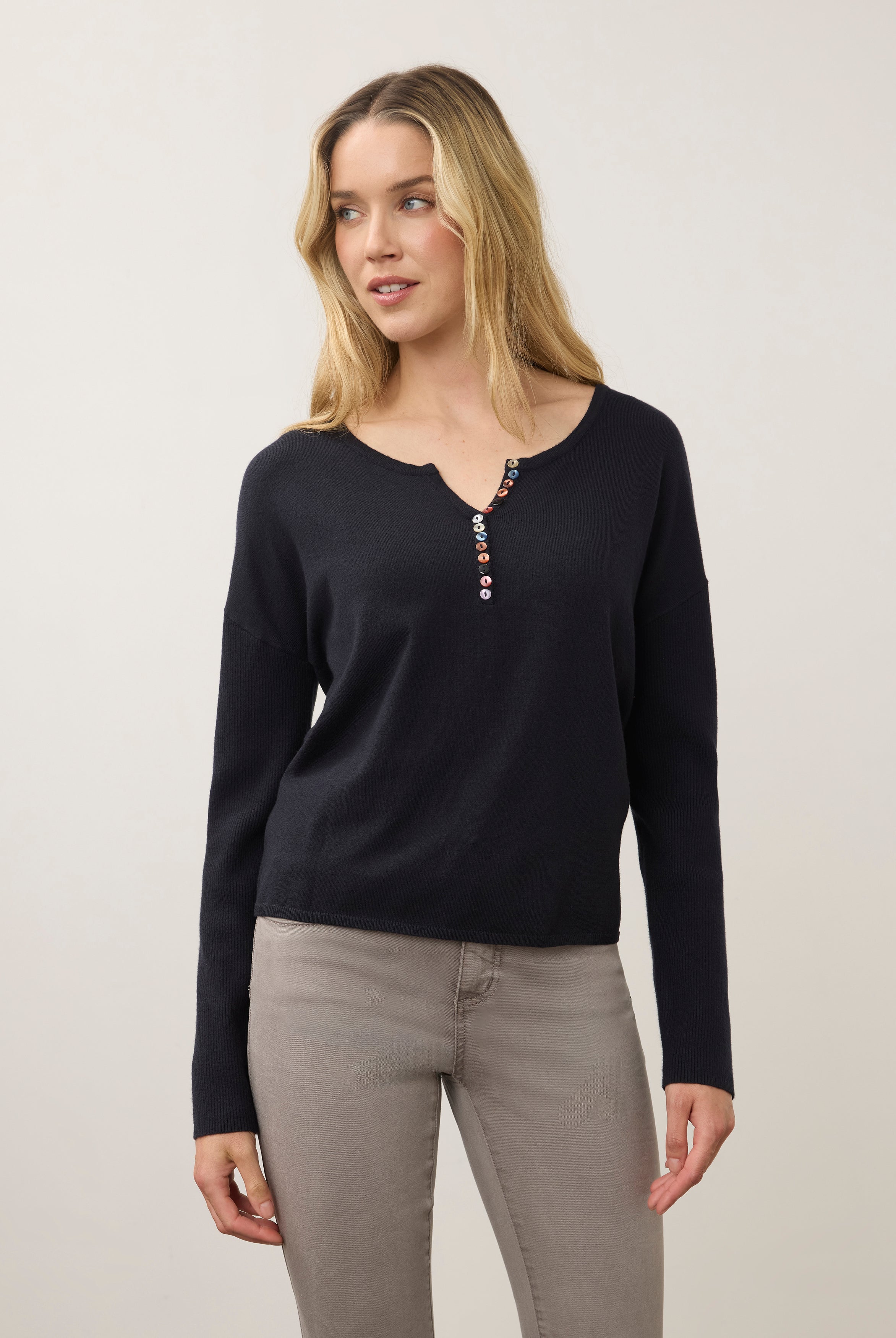 Front view of navy sweater with colorful button detail by French Dressing Jeans (FDJ)