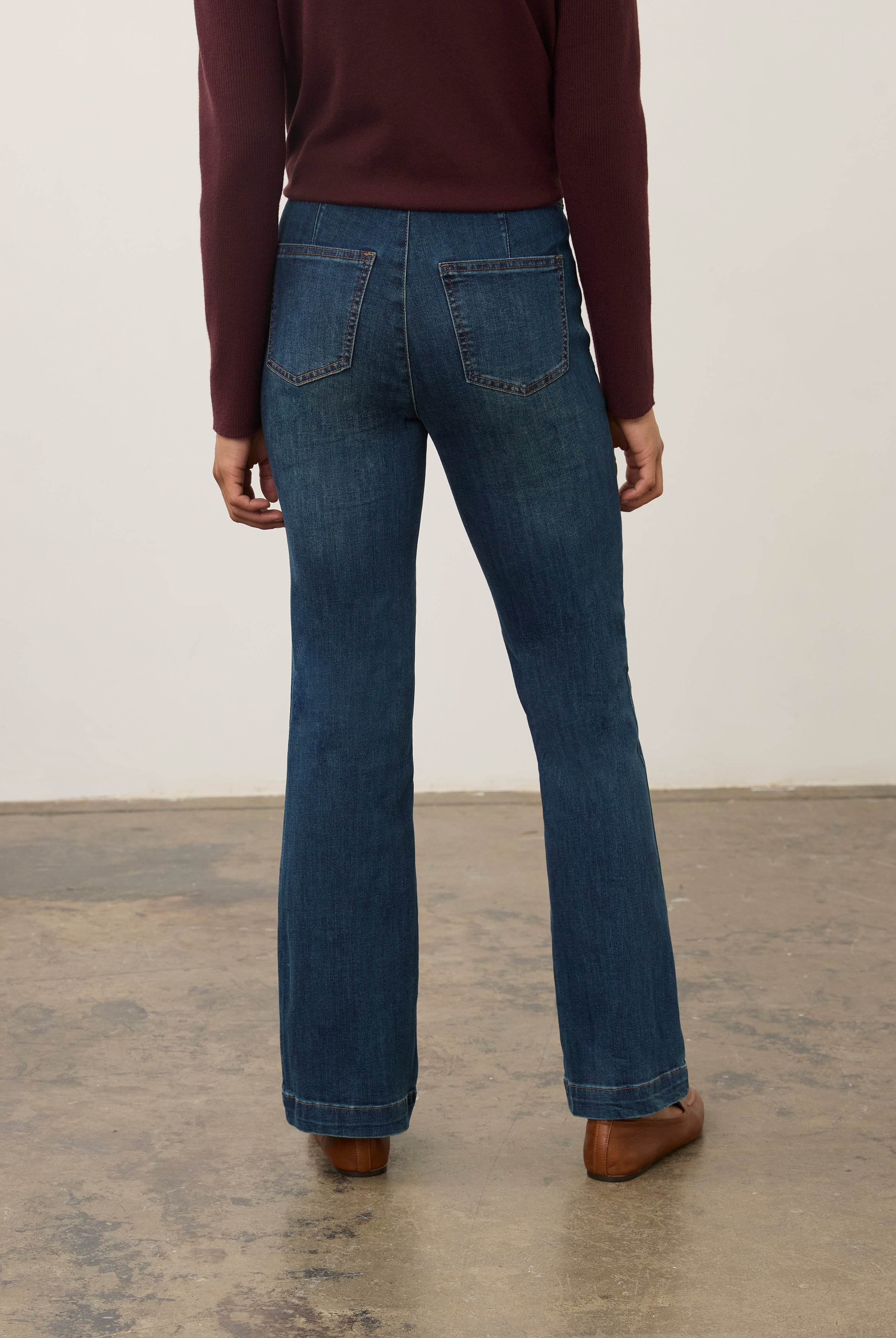 Back view of medium blue jeans highlighting back patch pockets and straight leg by French Dressing Jeans (FDJ) par French Dressing Jeans (FDJ)