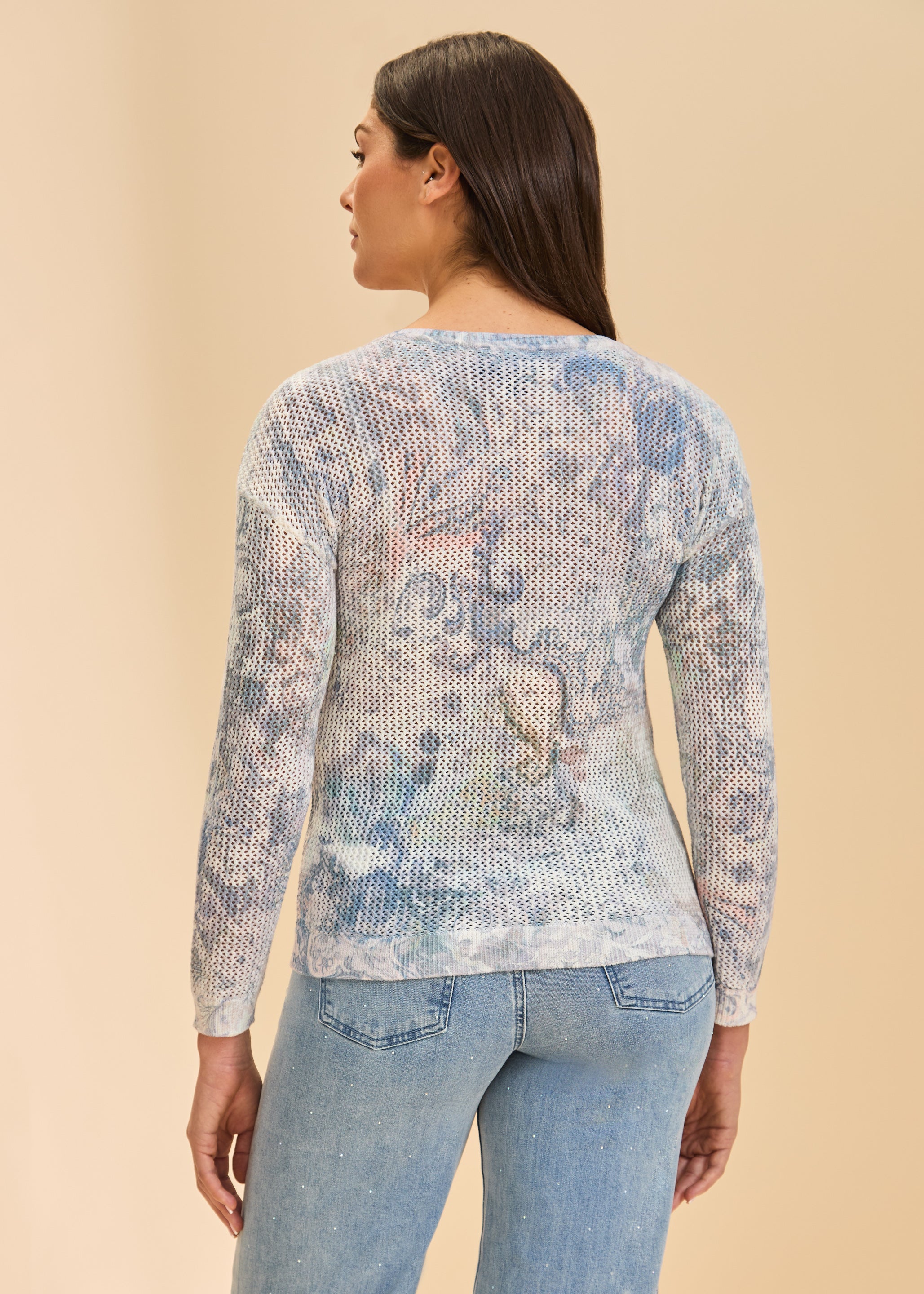 Back view of blue mesh floral sweater showcasing lightweight fabric by French Dressing Jeans (FDJ)