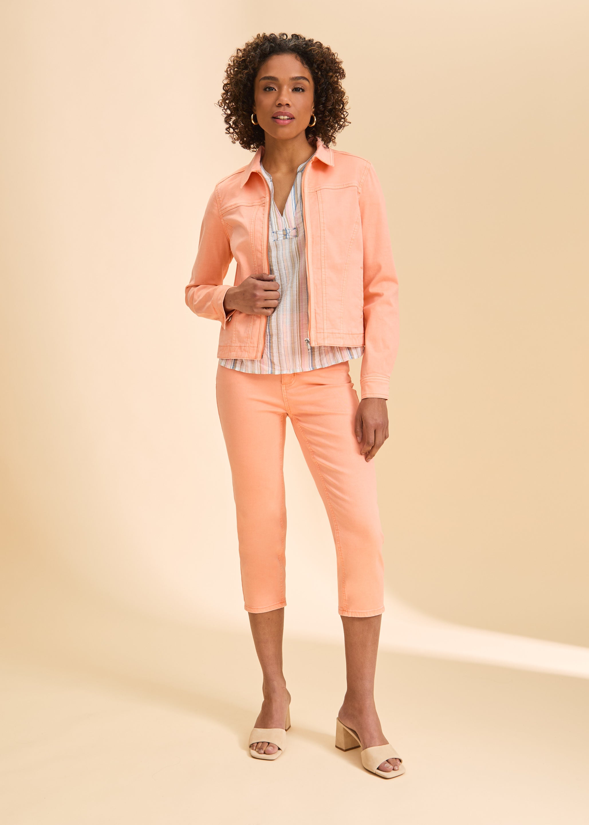 Peach jacket styled with striped top and pants by French Dressing Jeans (FDJ)
