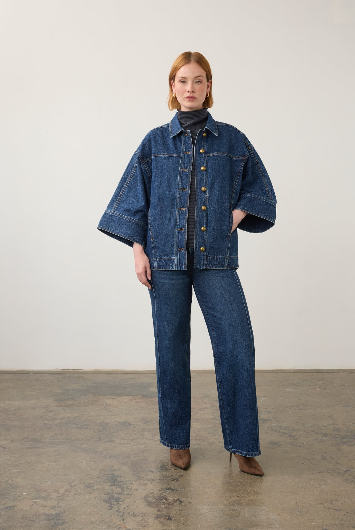Full view of oversized medium blue utility jacket paired with denim pants by French Dressing Jeans (FDJ) par French Dressing Jeans (FDJ)