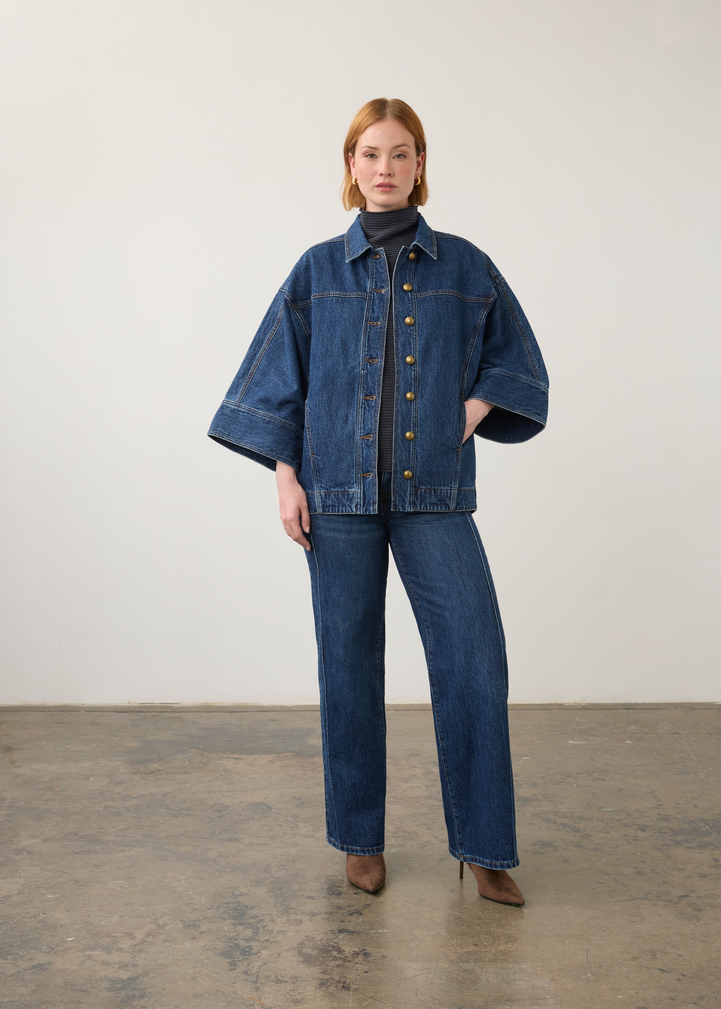 Full view of oversized medium blue utility jacket paired with denim pants by French Dressing Jeans (FDJ) par French Dressing Jeans (FDJ)
