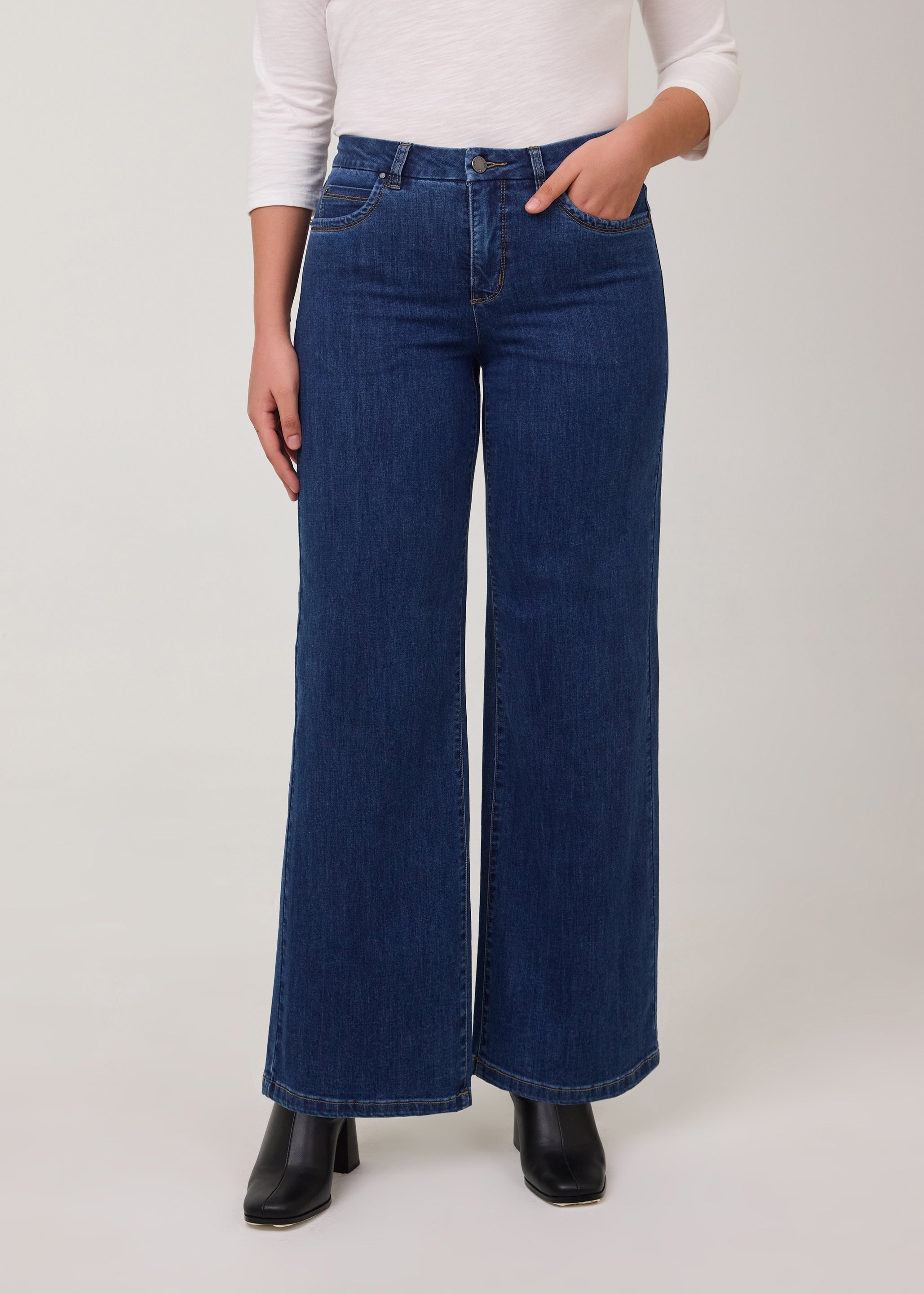 Front view of wide-leg denim in Delight color showing high-rise waist by French Dressing Jeans (FDJ)