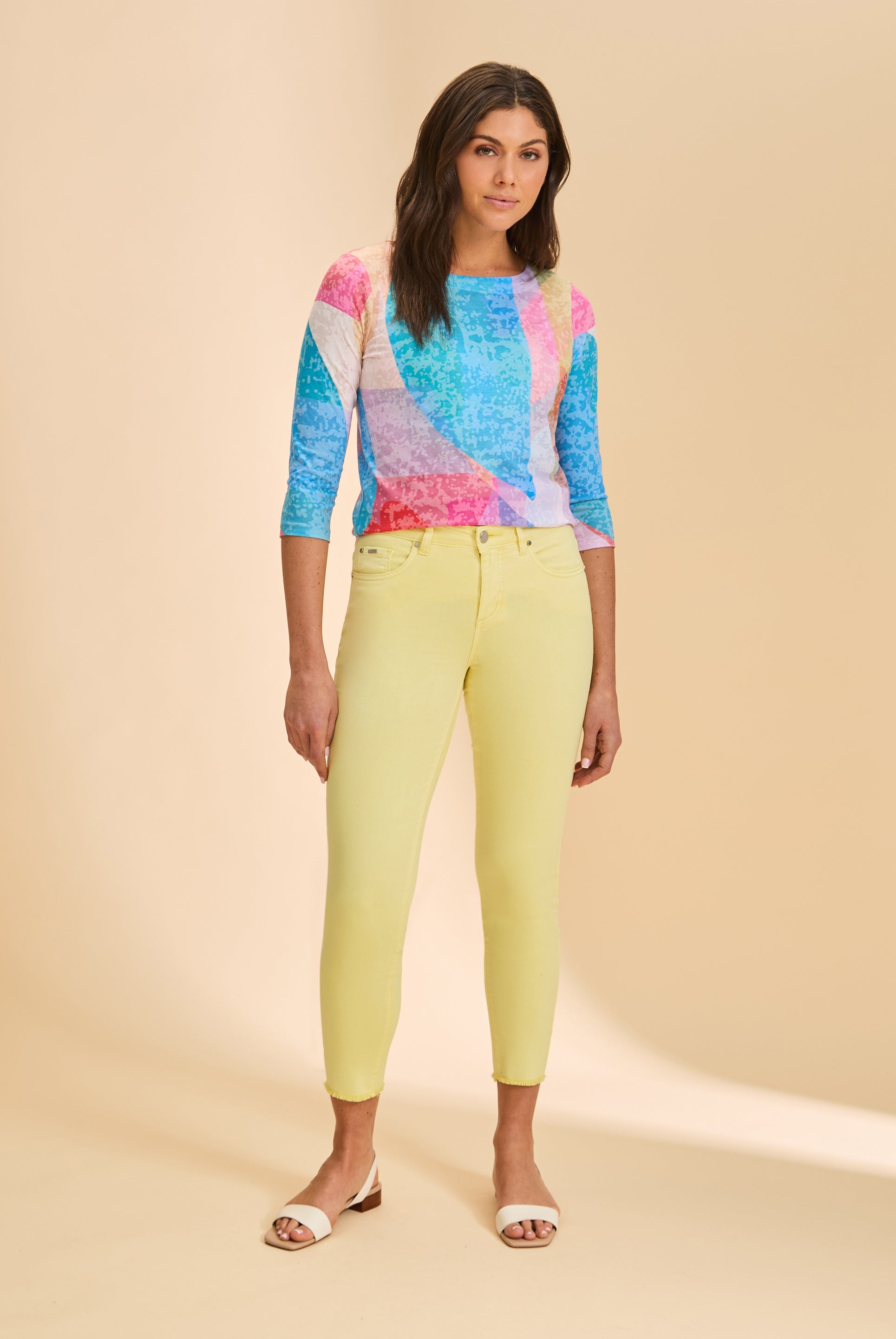 Colorful top with yellow skinny pants full view by French Dressing Jeans (FDJ)