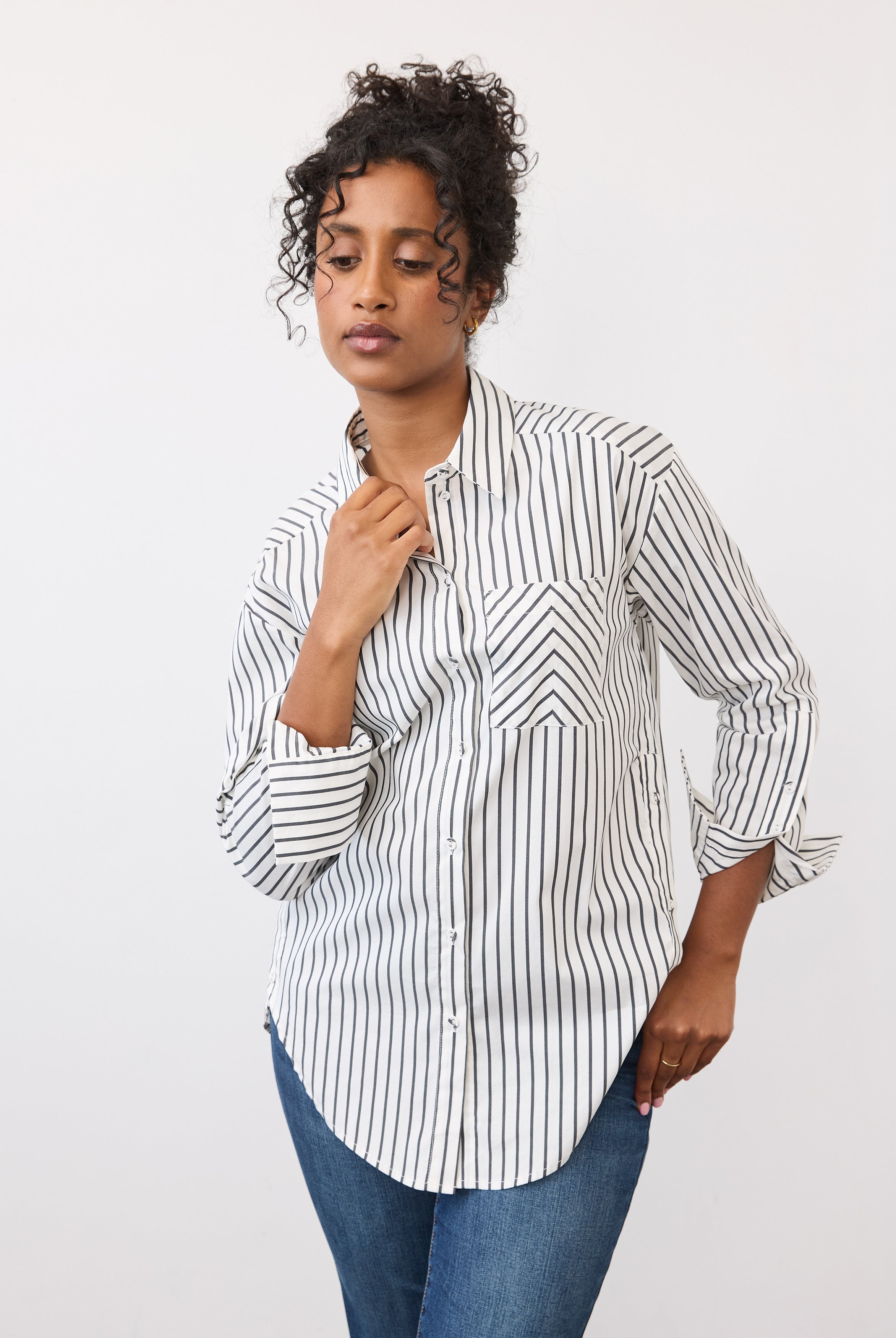 Front view of black striped long sleeve shirt with patch pocket by French Dressing Jeans (FDJ)