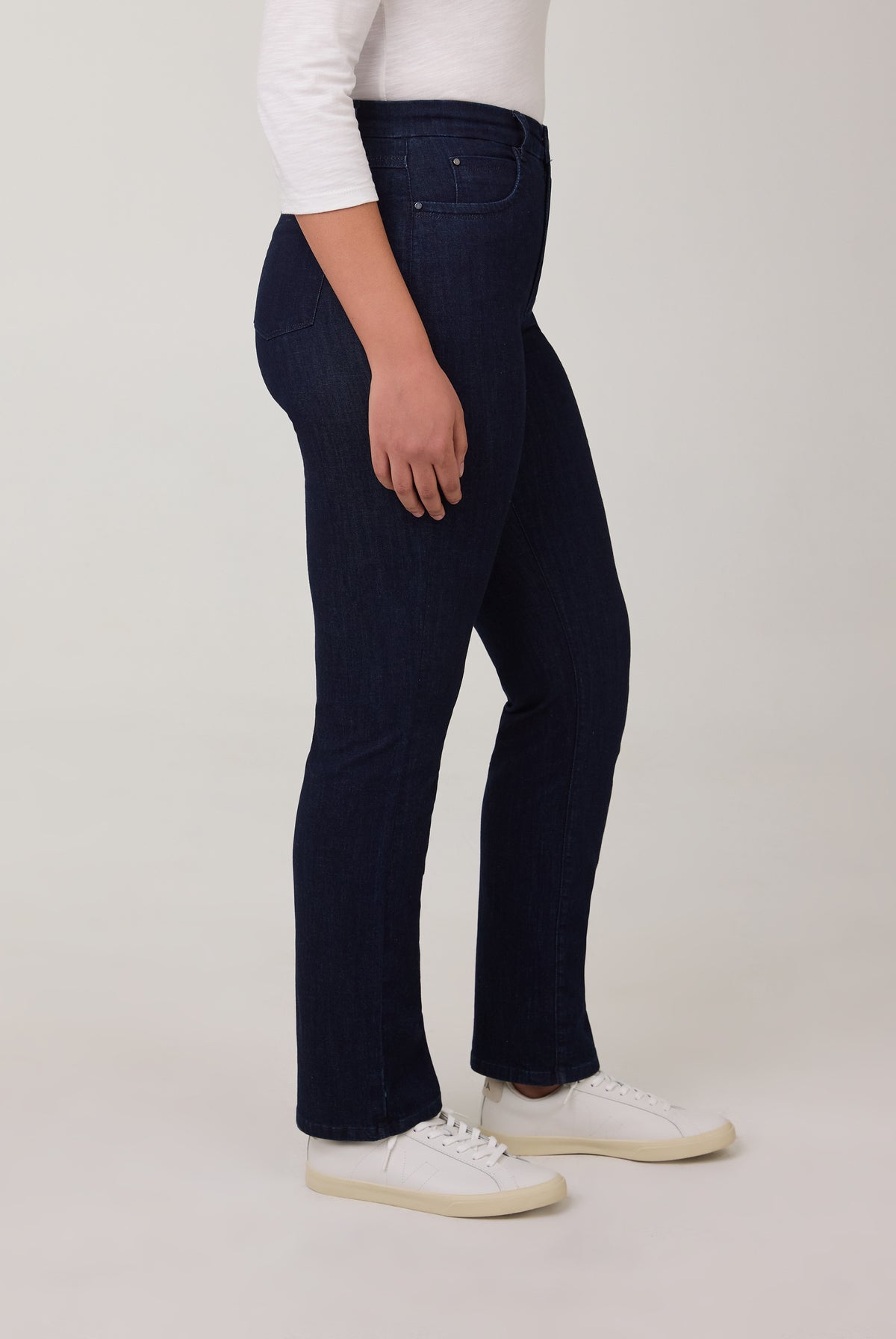 Side view of dark Delight straight leg jeans showcasing fit and style by French Dressing Jeans (FDJ)
